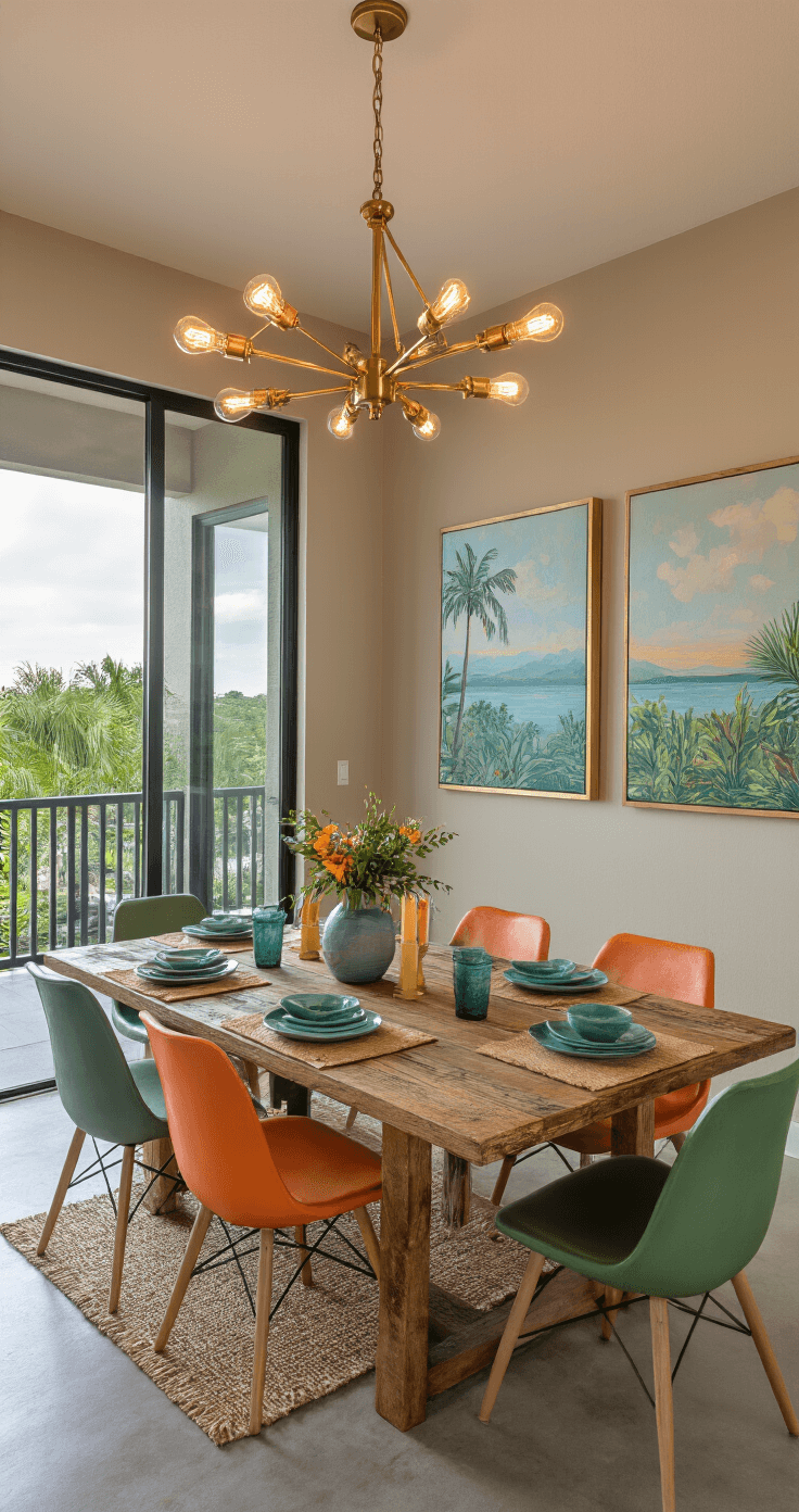 An open concept dining room at blue hour features a reclaimed wood table seating eight on mismatched citrus orange and palm green chairs, illuminated by a brass chandelier with Edison bulbs. The neutral greige walls display vibrant Florida landscape artwork, while a natural fiber runner adorns the table, set with mixed ceramic dinnerware in ocean tones. Polished concrete floors and floor-to-ceiling sliding glass doors enhance the space, captured from a kitchen pass-through with mixed lighting.