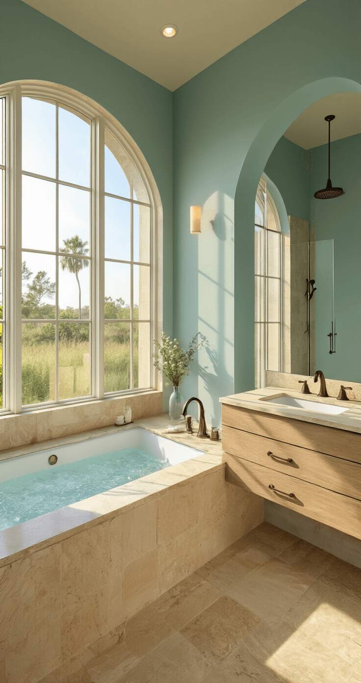 Photorealistic Florida luxury bathroom featuring travertine tiles, a freestanding soaking tub with brushed bronze fixtures, a floating vanity with a warm beige quartzite countertop, and a frameless glass shower, all illuminated by golden morning light through floor-to-ceiling windows, complemented by a coastal aqua accent wall and a Mediterranean-inspired archway, creating a serene spa-like atmosphere.