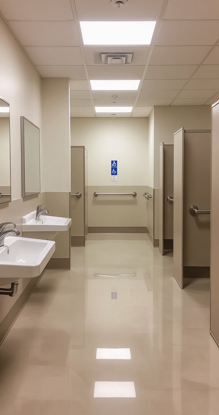 Interior of a modern Florida public restroom featuring polished porcelain floors, bright LED ceiling lighting, wall-mounted sinks with automatic faucets, ADA-compliant stalls with grab bars, and a neutral beige and white color scheme, all captured from the entrance perspective.
