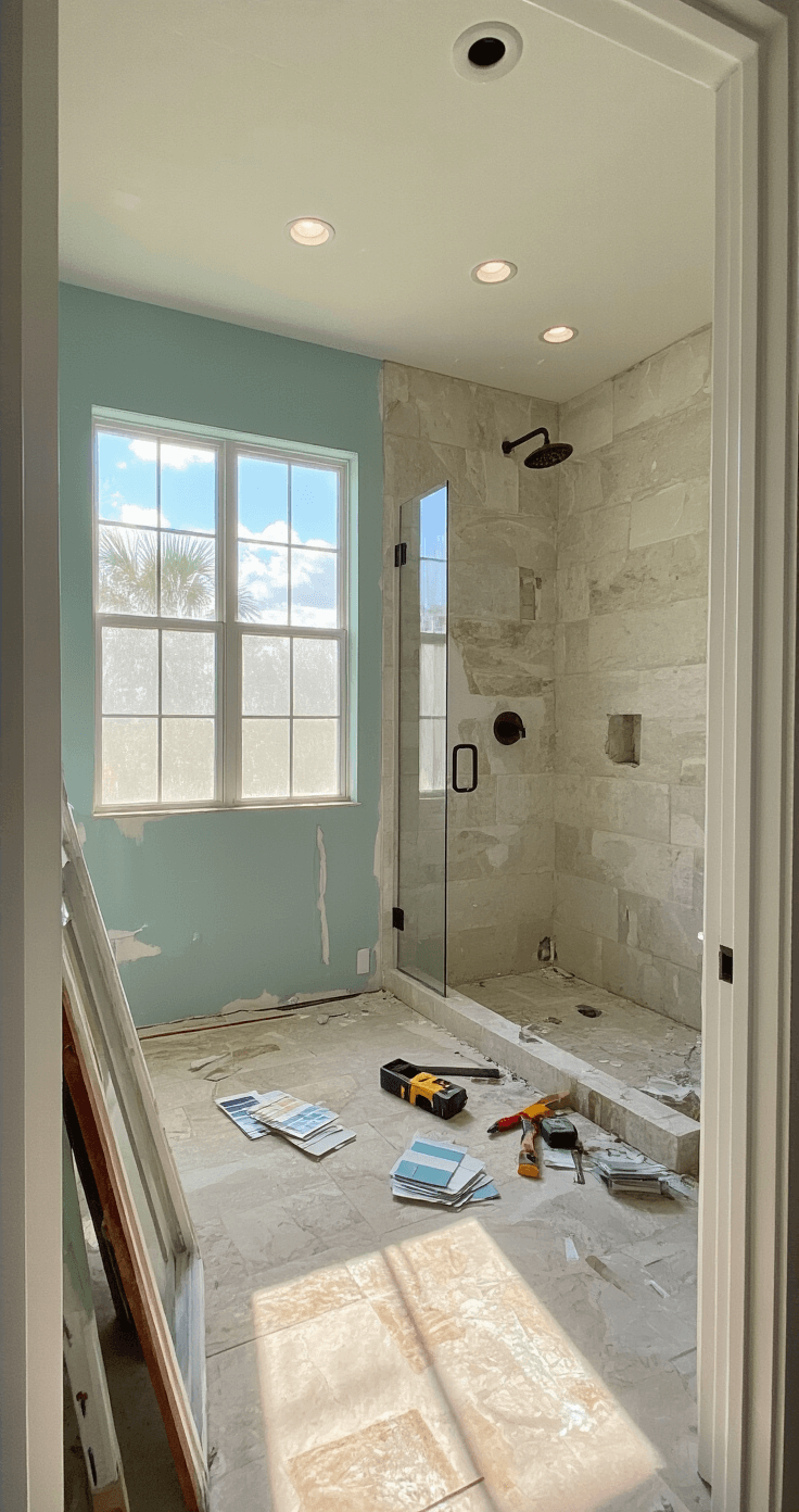 A partially renovated coastal chic Florida master bathroom, featuring exposed plumbing, travertine tile samples, and paint swatches in soft aqua tones, illuminated by afternoon sunlight through frosted windows, with construction tools scattered and a frameless shower door leaning against the wall, captured from the doorway.