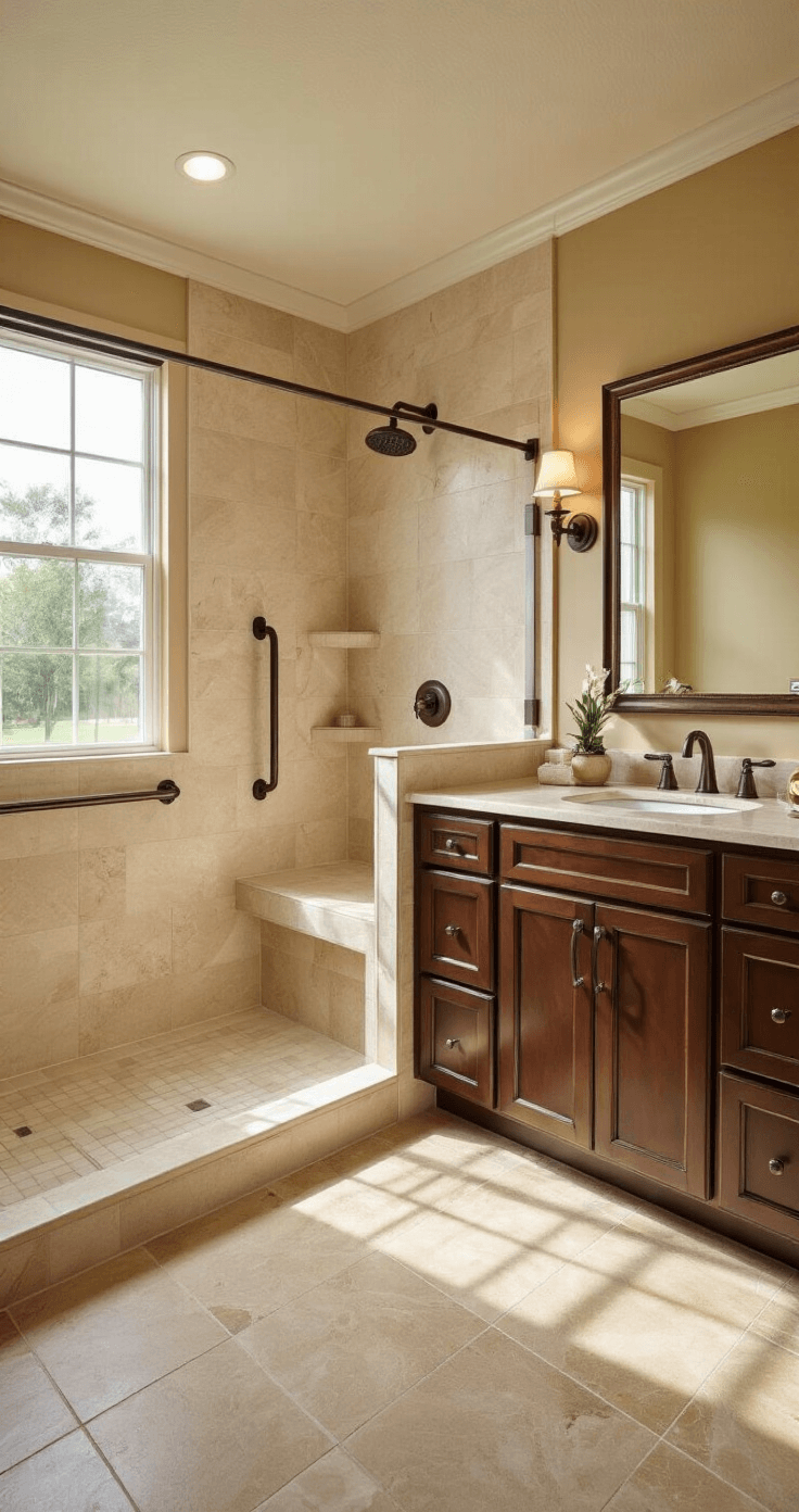 Elegant Florida bathroom featuring universal design elements, including a spacious roll-in shower, brushed bronze grab bars, a comfort-height vanity, and slip-resistant porcelain tiles, with warm beige walls and soft natural lighting from a large window, captured from a side angle, showcasing an inclusive luxury ambiance.
