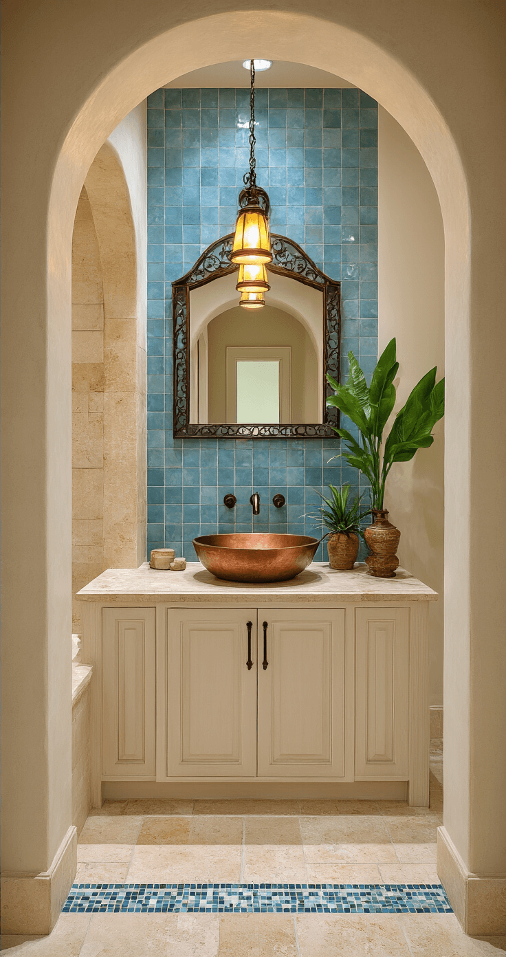 Mediterranean-inspired Florida bathroom featuring an arched doorway, travertine floors with a mosaic border, a copper vessel sink on a quartzite vanity, a wrought iron mirror frame, coastal blue ceramic tiles, and tropical plants, all illuminated by warm evening light from pendant fixtures, captured from the archway entrance.