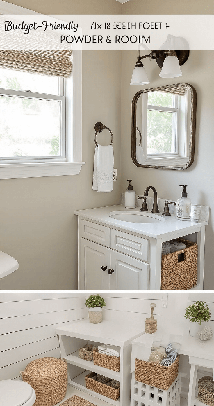 A compact 6x8 feet powder room transformed with a refinished vanity featuring new bronze hardware, painted in coastal neutral tones, updated light fixtures, decorative storage baskets, and a DIY painted accent wall, all bathed in bright natural morning light through a small window, showcasing a fresh renewal mood in a before/after comparison.