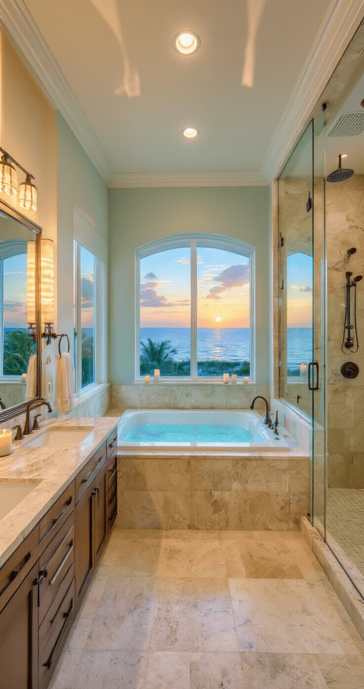 Luxurious Florida master bathroom suite featuring double vanities with quartzite waterfall countertops, a freestanding tub facing an ocean view window, and a separate glass shower, all in travertine and marble with soft aqua and bronze accents, illuminated by sunset golden hour lighting and floating candles, captured from the bedroom entrance.