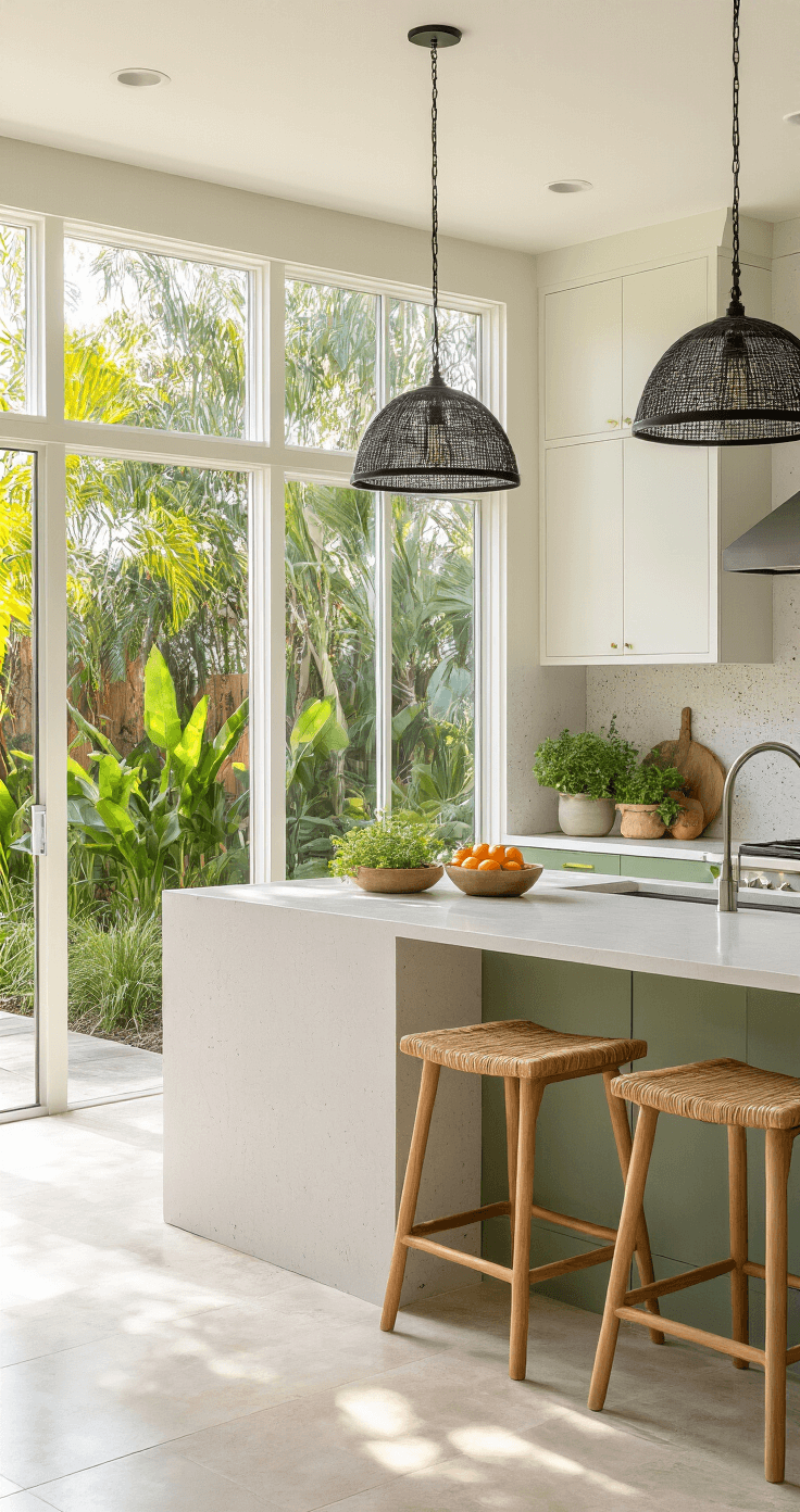 Cinematic low-angle view of a modern Florida kitchen featuring a white quartz waterfall island, sage green lower cabinets, and large windows showcasing tropical garden views, enhanced by afternoon golden hour lighting.