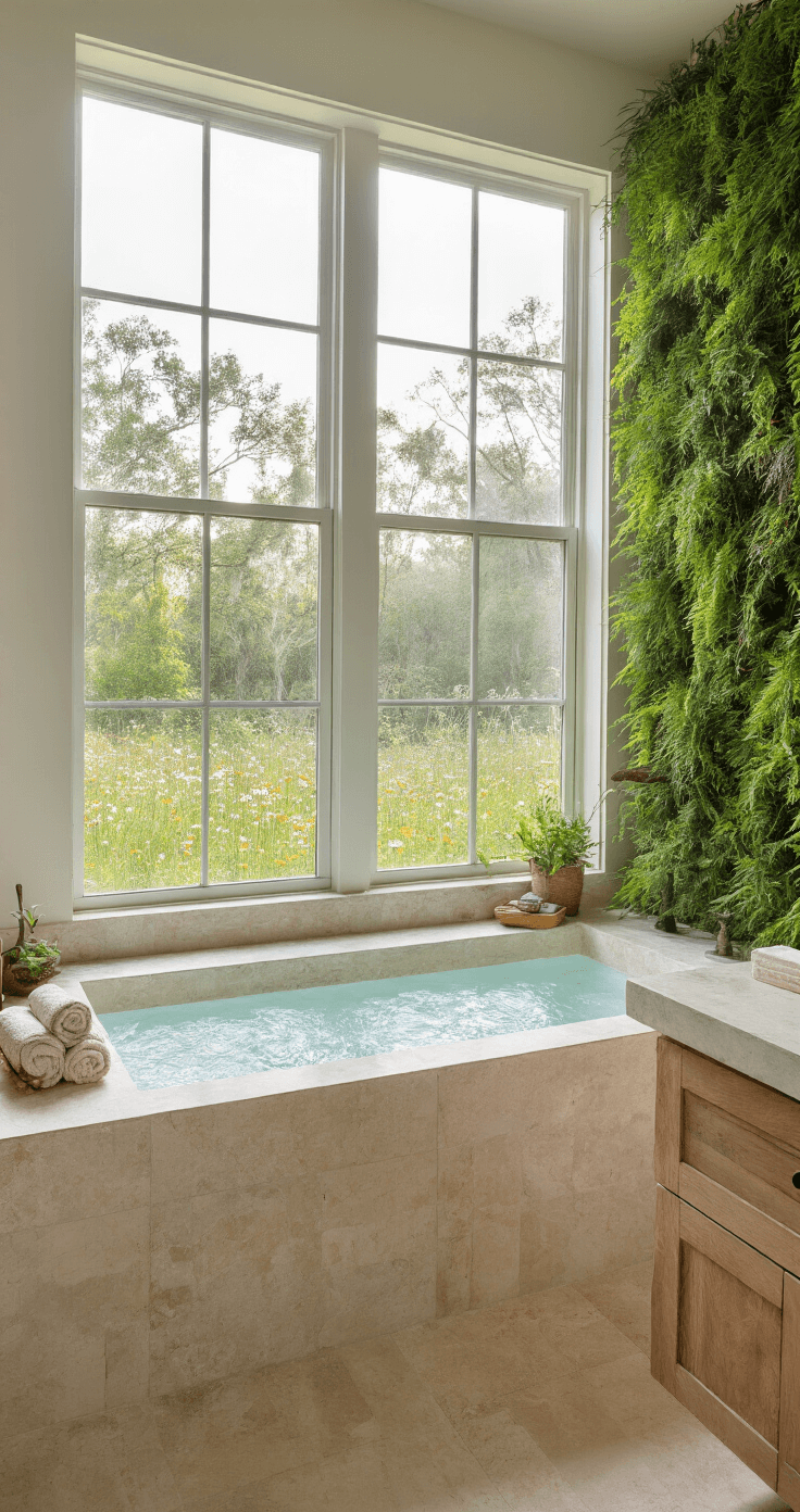Dynamic low-angle view of a luxurious Florida bathroom spa retreat featuring a freestanding natural stone soaking tub, reclaimed cypress floating vanity, and large format travertine tiles. Soft morning light filters through frosted glass windows, showcasing a garden of native milkweed and wildflowers, with a rainfall shower surrounded by a living wall of ferns. The scene includes rolled organic towels, a wooden bath caddy, and potted air plants, highlighting a seamless connection between the elegant interior and the wildlife-friendly landscape.