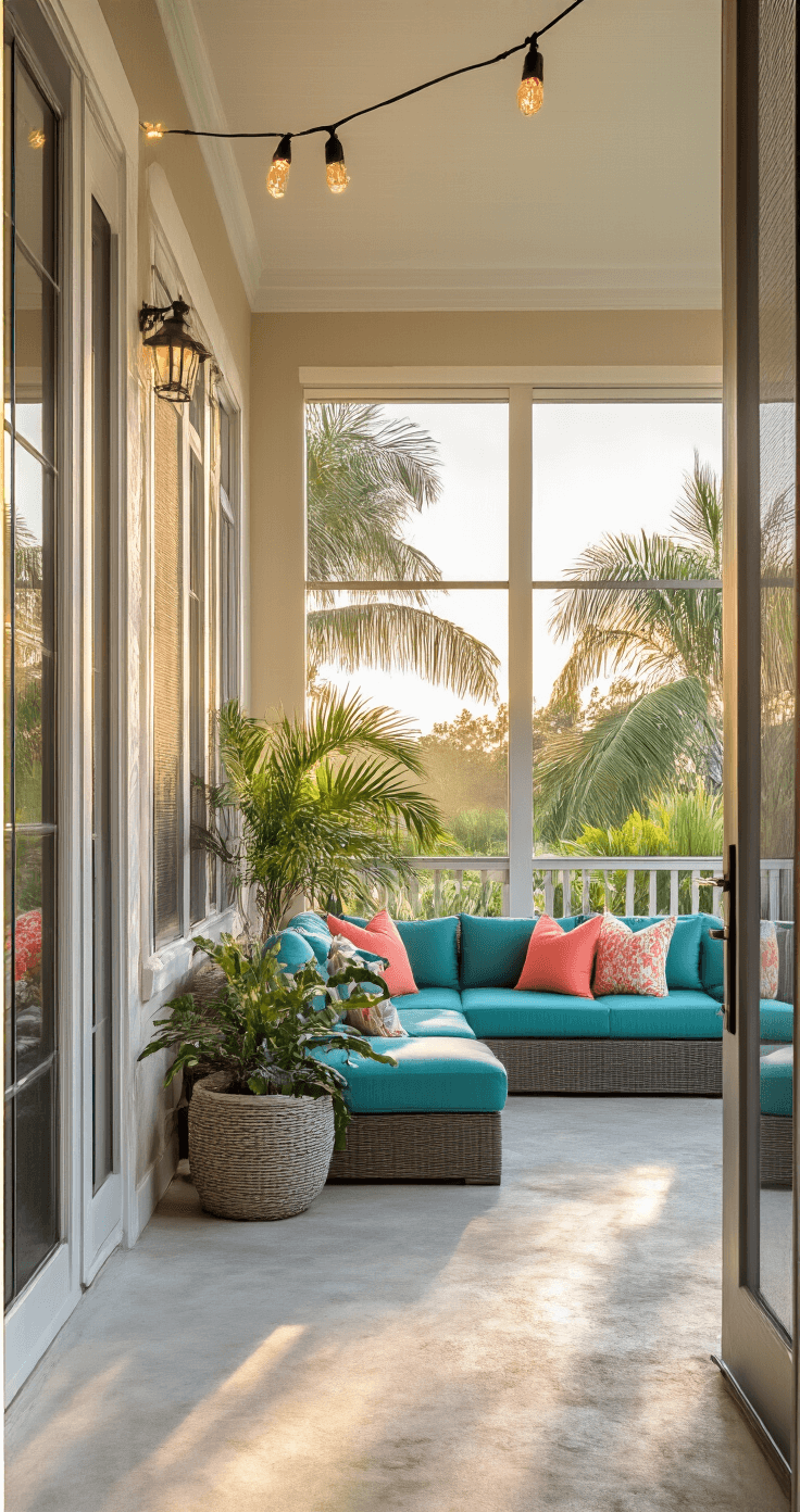 Photorealistic image showing a split scene of a Florida lanai transformation, displaying a 12x16 screened porch in golden hour lighting. The left side shows an empty, weathered concrete floor, while the right reveals a furnished oasis featuring a teal sectional sofa with coral throw pillows, potted palms, and string lights, all in a coastal blue, white, and sandy beige palette. The wide-angle shot captures the entrance view in a bright, airy atmosphere, reflecting professional real estate photography.