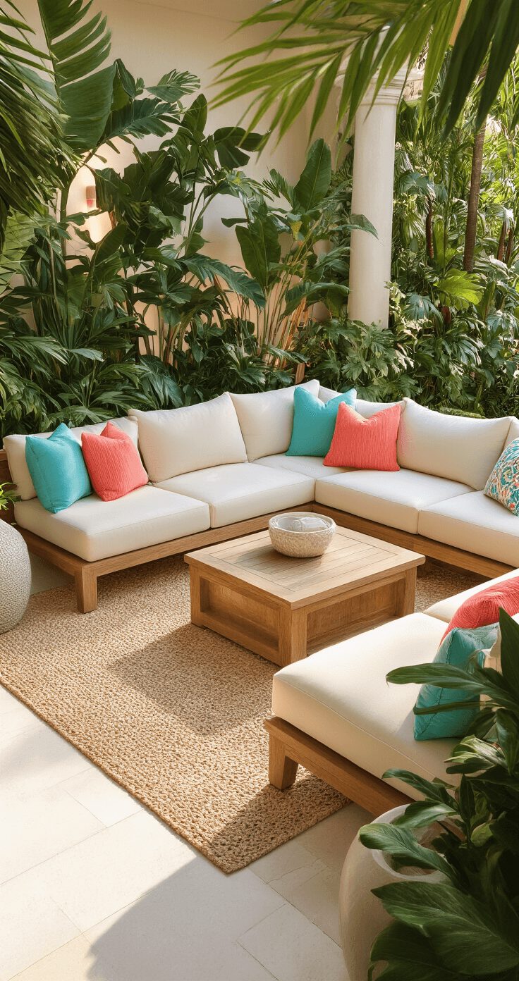 A luxurious outdoor sectional seating area featuring a spacious lanai corner with oversized teak furniture, cream cushions, and vibrant coral and turquoise throw pillows, surrounded by lush tropical plants on white limestone floors, bathed in warm late afternoon light.