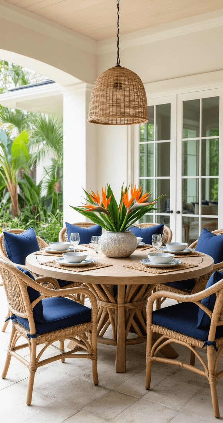 Elegant outdoor dining setup in a 10x12 lanai, featuring a round teak table for six with woven wicker chairs and navy cushions, adorned with a tropical centerpiece of bird of paradise flowers, ceramic dinnerware, and bamboo placemats, illuminated by overhead pendant lighting against white stucco walls.