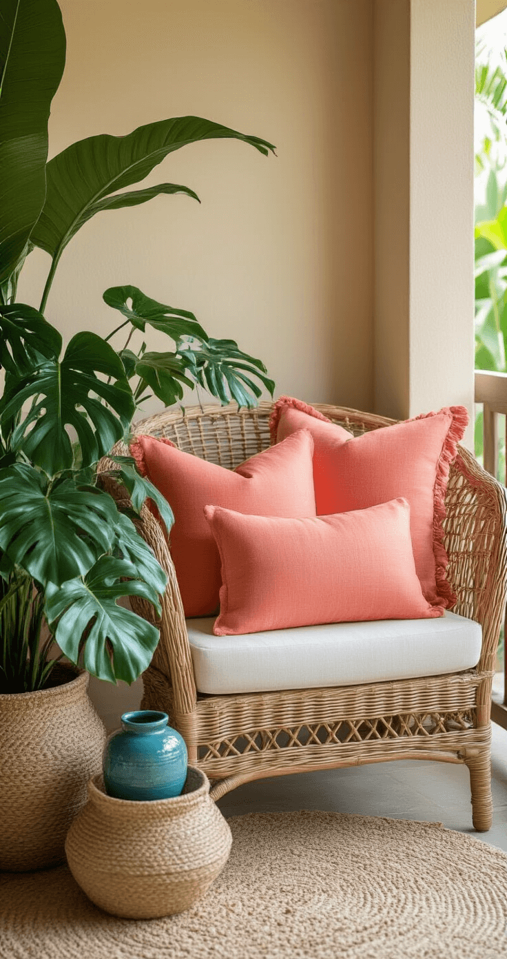 An intimate lanai corner featuring a wicker chair with vibrant coral throw pillows, surrounded by ceramic planters with monstera plants and a coastal blue pottery collection, all set against a sandy beige backdrop with warm ambient lighting for a cozy bohemian tropical aesthetic.