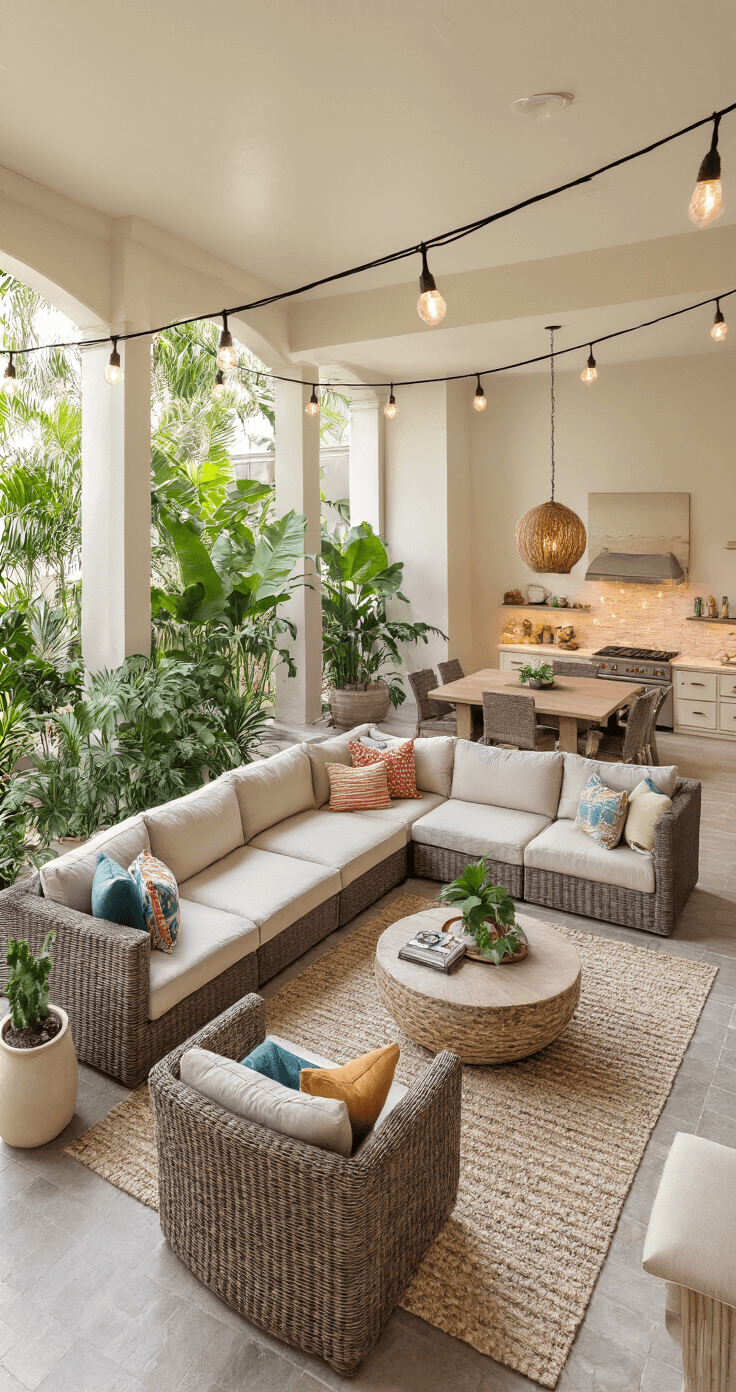 A versatile L-shaped lanai at golden hour, featuring distinct areas for lounging on a sectional, dining at a table, and a reading nook with an accent chair, defined by area rugs and tropical plants; string lights overhead complement the neutral furniture with colorful accents in a balanced composition.
