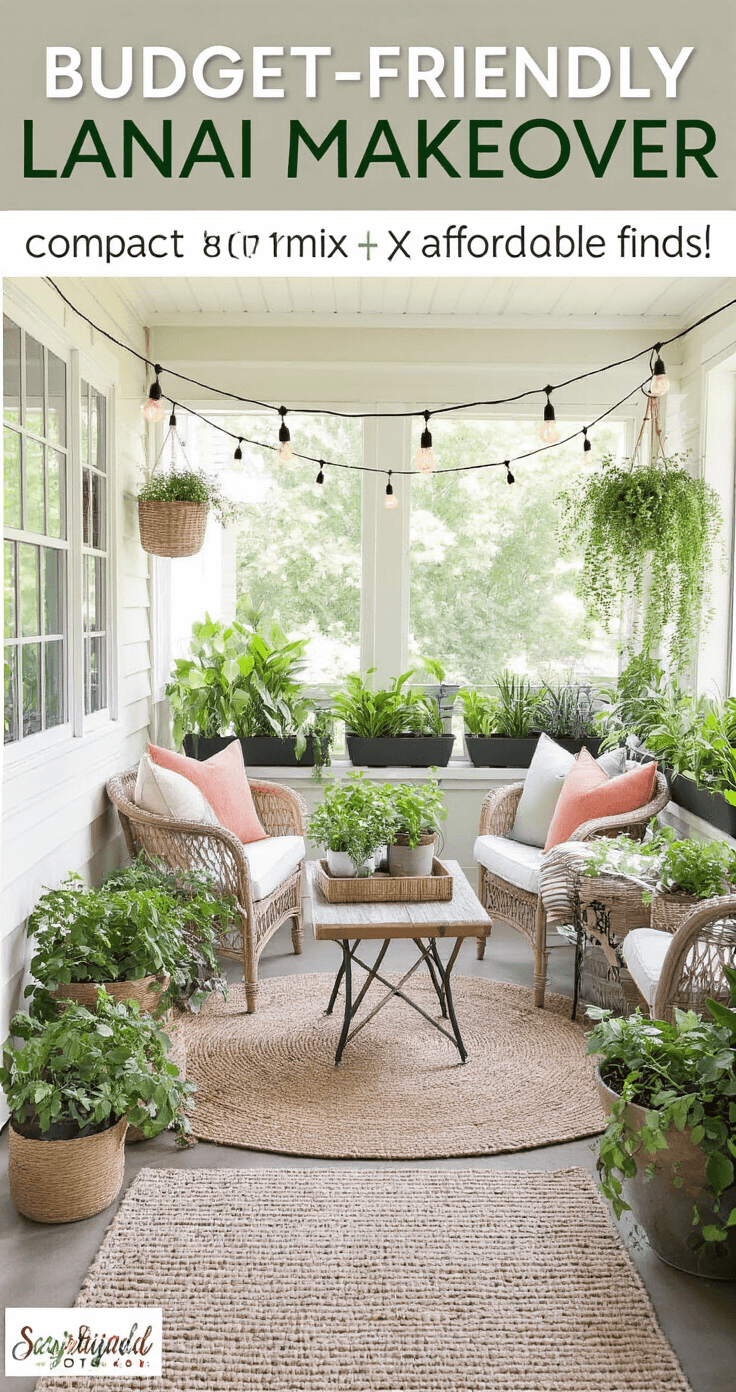 A vibrant budget-friendly lanai makeover featuring a compact 8x10 space with bright natural lighting, DIY elements, repurposed furniture, handmade planters, discount store pillows, string lights, a small bistro set, potted herbs, and creative storage solutions, all conveying a cheerful atmosphere and stylish design on a budget.