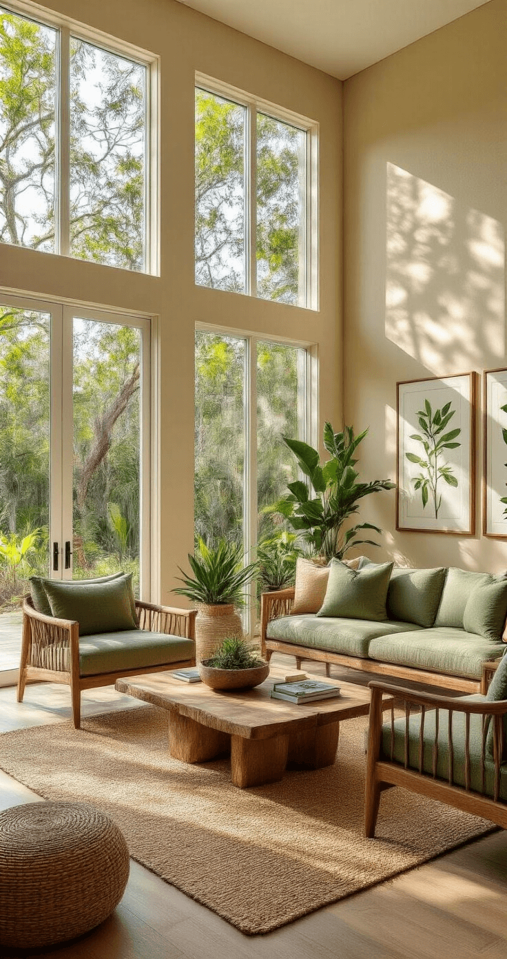 A photorealistic living room with floor-to-ceiling windows showcasing lush Florida native trees, featuring modern coastal furniture, natural textures, and botanical prints, illuminated by warm golden hour sunlight, creating a serene indoor-outdoor living space.