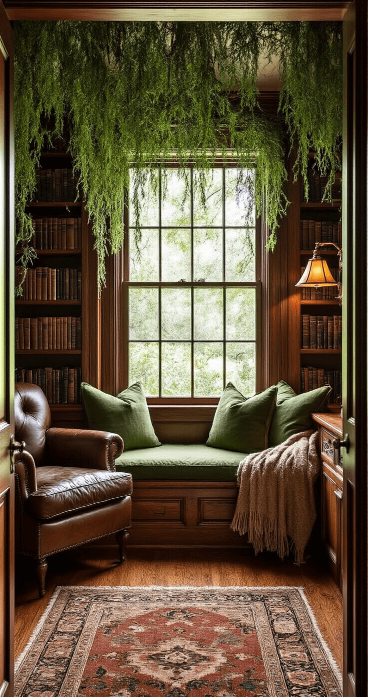 A cozy reading nook featuring a built-in window seat with moss green cushions, an aged leather armchair beneath draped hanging plants, rich mahogany bookshelves, and soft throw blankets in earthy hues. A vintage brass reading lamp illuminates the space, which has hardwood floors and an antique Persian rug. Late afternoon sunlight filters through an oak canopy, creating a warm and intimate scholarly atmosphere, as seen from a doorway angle highlighting the architectural details.