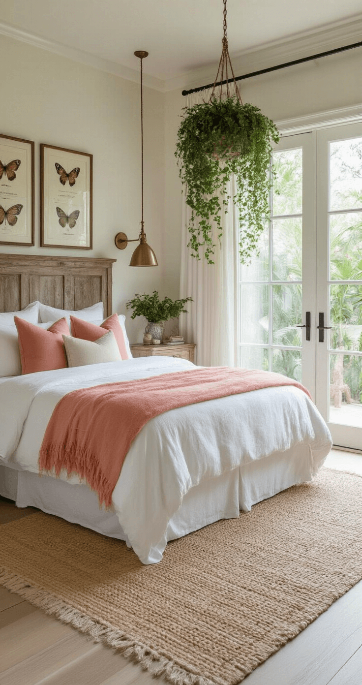 Serene master bedroom inspired by Florida's butterfly gardens, featuring a king bed with white linen bedding, coral and sage throw pillows, reclaimed wood headboard adorned with butterfly specimens, vintage brass lamps, natural fiber rug, and large sliding doors leading to a private garden terrace, all illuminated by gentle morning light.