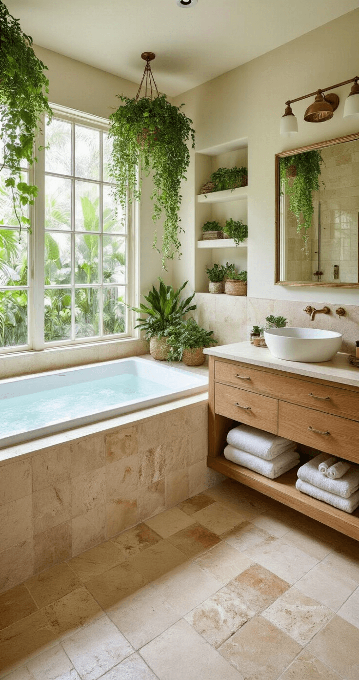 A luxurious bathroom oasis featuring a freestanding soaking tub under a large window with garden views, natural stone tile floors, a teak wood floating vanity with a vessel sink, a brass-framed mirror reflecting hanging plants, a built-in niche with towels and succulents, and a rainfall showerhead in a glass enclosure, all bathed in soft morning light.