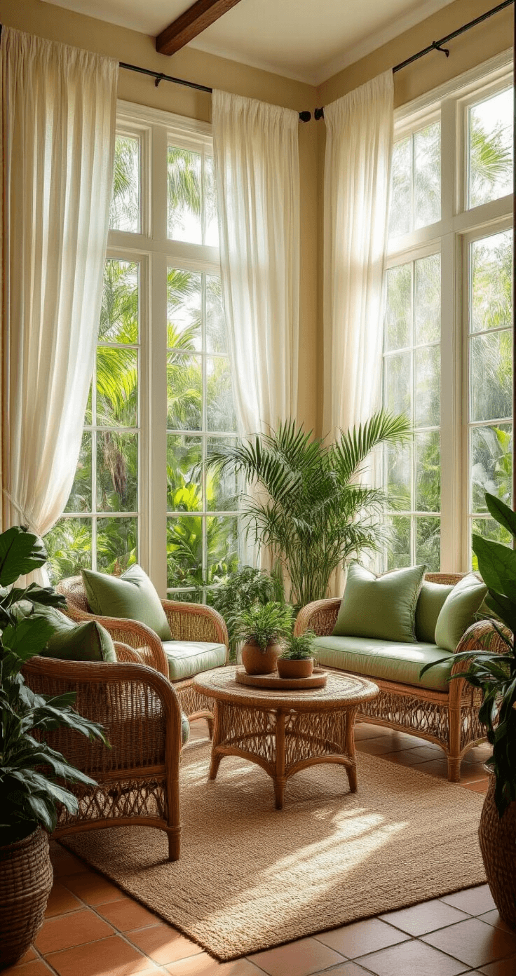 Photorealistic interior of a Florida sunroom featuring floor-to-ceiling windows with views of tropical landscaping, natural rattan furniture with sage green cushions, potted Sabal palms and firebush plants, terracotta tile flooring, a woven jute rug, and coastal artwork, illuminated by warm mid-morning light filtering through sheer white curtains.