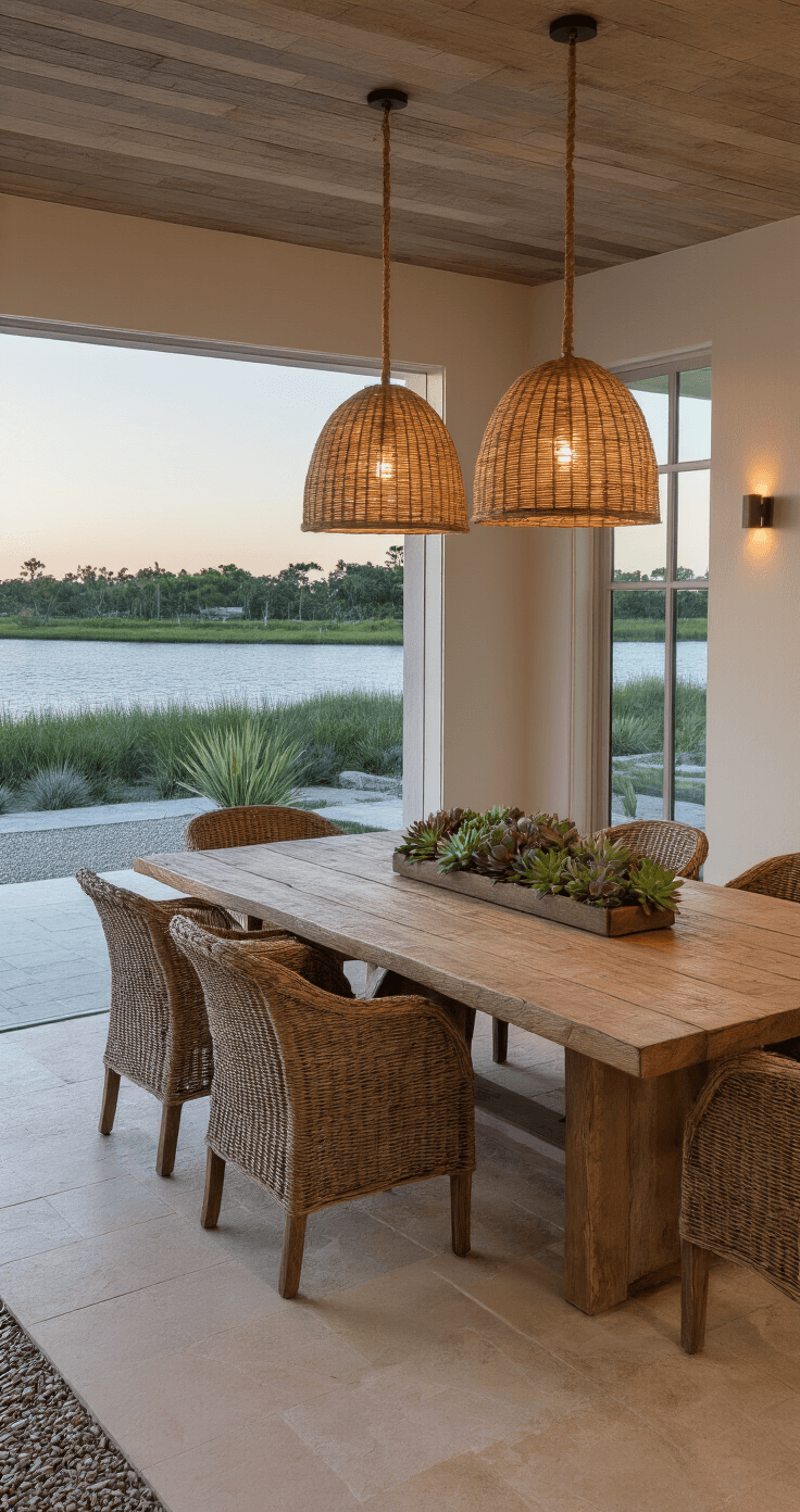 Sophisticated Florida dining room featuring a reclaimed wood table and wicker chairs, adorned with succulent centerpieces, pendant lighting with natural rope elements, and neutral limestone flooring; the space is illuminated by a warm evening glow and overlooks a drought-tolerant landscape with a gravel pathway visible through the windows.