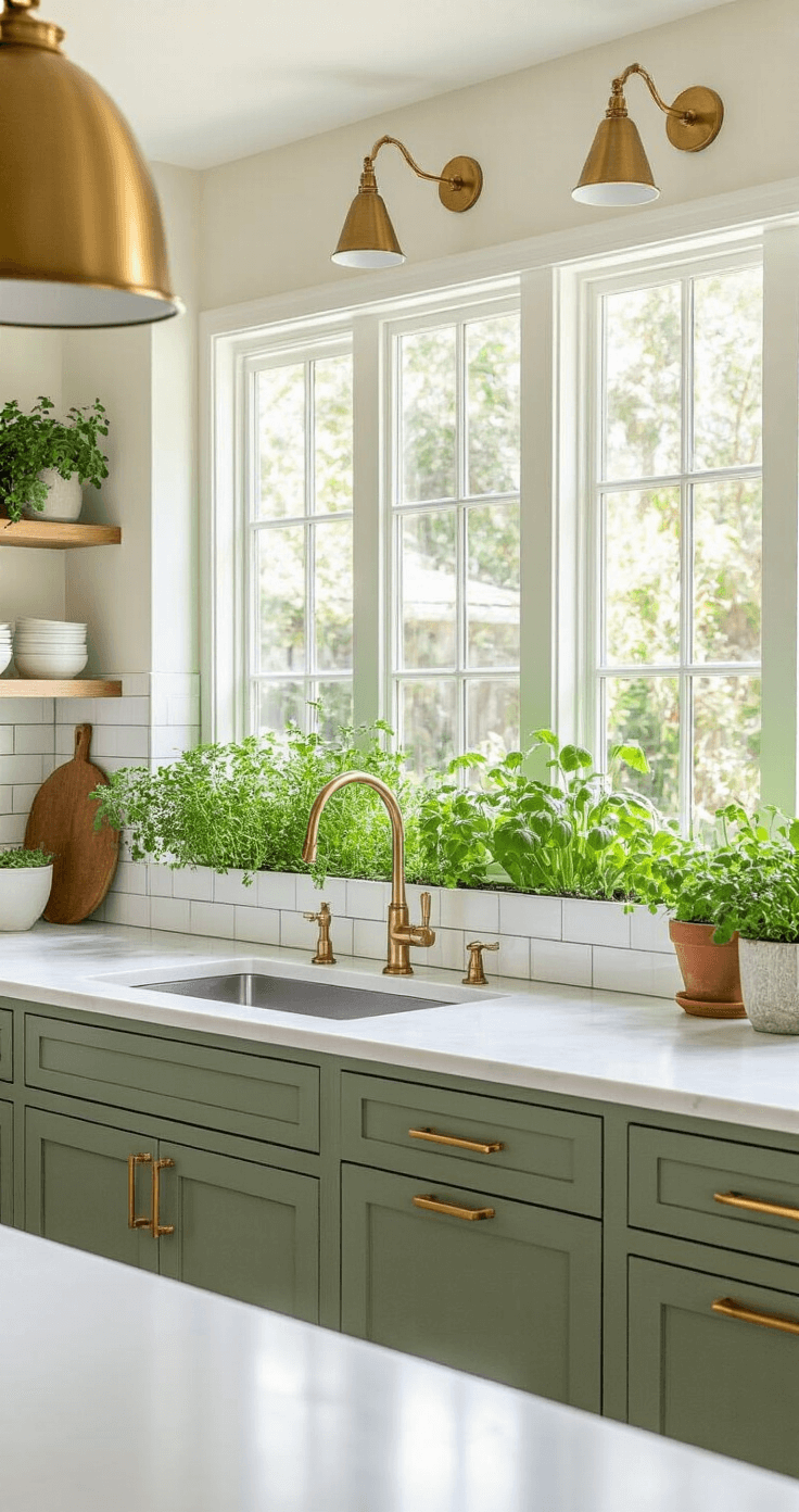 A bright, modern Florida kitchen featuring sage green cabinetry, white quartz countertops, and a subway tile backsplash, with natural light streaming in from windows overlooking an efficient herb garden and potted native plants, shot from the perspective of the kitchen island.
