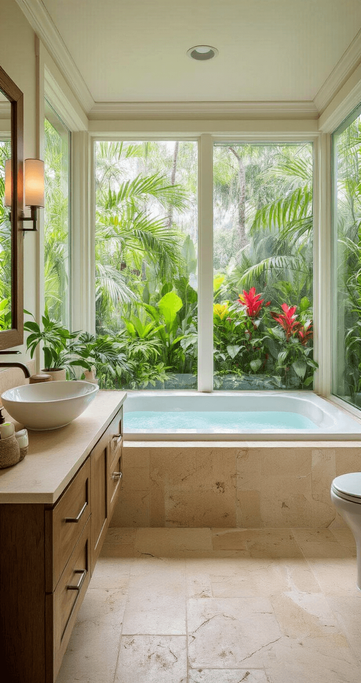 A luxurious Florida bathroom spa retreat featuring a freestanding soaking tub and a floating vanity, surrounded by natural stone flooring. The scene is illuminated by soft morning light, with views of dense tropical foliage and colorful flowers beyond frosted windows, all set in a soothing eucalyptus and white color scheme.
