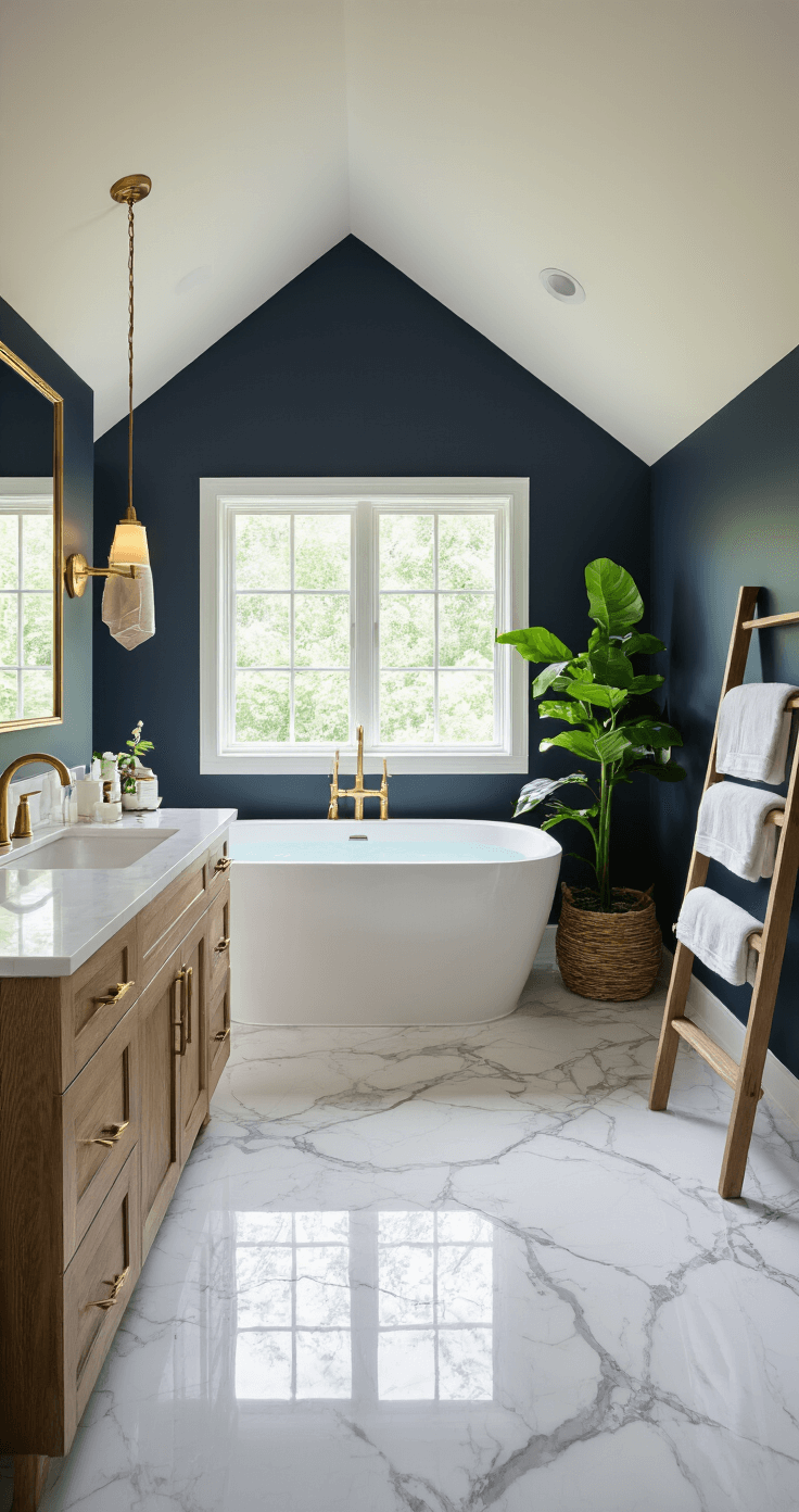 A luxurious master bathroom with a white freestanding soaking tub, dark navy accent wall, and white marble floors with gray veining, illuminated by soft afternoon light. The room features a floating wood vanity in weathered oak, brass fixtures, and a tropical monstera plant in the corner, with plush cream towels displayed on a ladder rack. The scene captures a three-quarter angle, showcasing the vaulted ceiling and warm ambient lighting.
