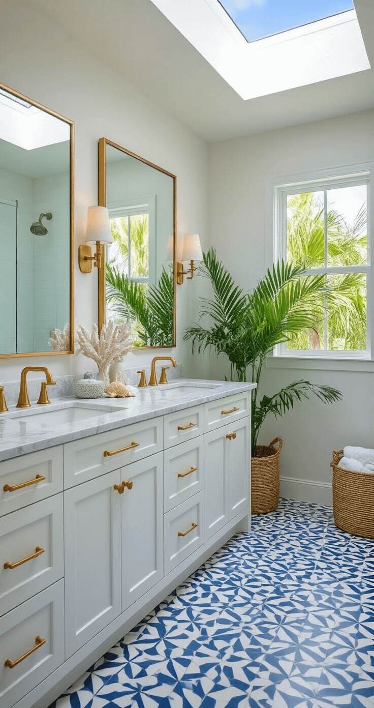Spacious Florida bathroom featuring bold geometric ocean blue and white floor tiles, a white shaker-style double vanity with marble countertops and brushed gold hardware, decorated with coral and shell accents, natural fiber basket storage, and tropical palms in ceramic planters, under bright daylight from a skylight.