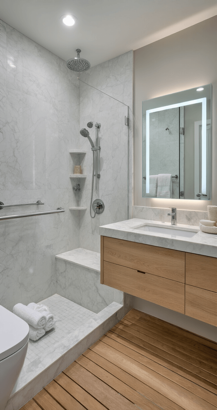 A luxurious spa-inspired bathroom retreat featuring a walk-in shower with body jets and a teak shower floor, a digital mirror with ambient lighting, a floating vanity with hidden LED strips, heated towel racks with fluffy white towels, and a high-tech toilet, all bathed in soft morning light against white marble walls.