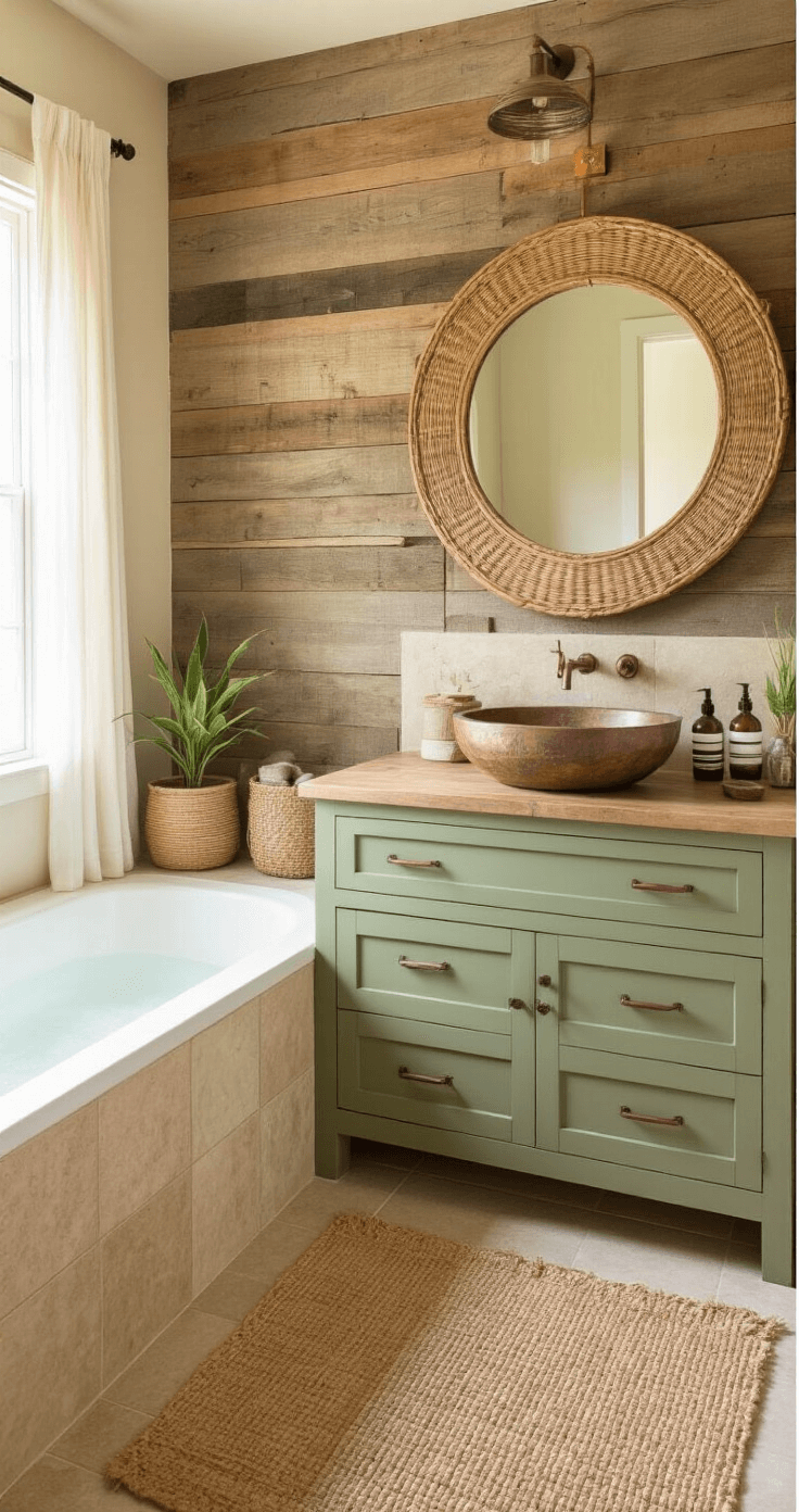 Cozy Florida bathroom with reclaimed wood accent wall, stone vessel sink, and copper faucet, featuring sage green vanity, woven rattan mirror, and jute rug, illuminated by warm afternoon glow through a small window with sheer curtains.