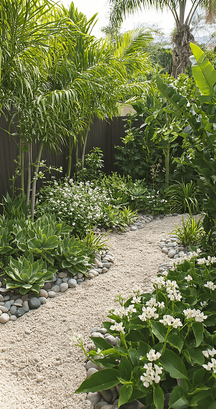 A bright, midday outdoor scene showcasing a budget-friendly landscape transformation with small starter plants, Mexican beach pebbles outlining pathways, minimal lawn featuring native coontie plants, and a young bougainvillea climbing a trellis, complemented by drought-tolerant milkweed with white flowers in sandy soil.