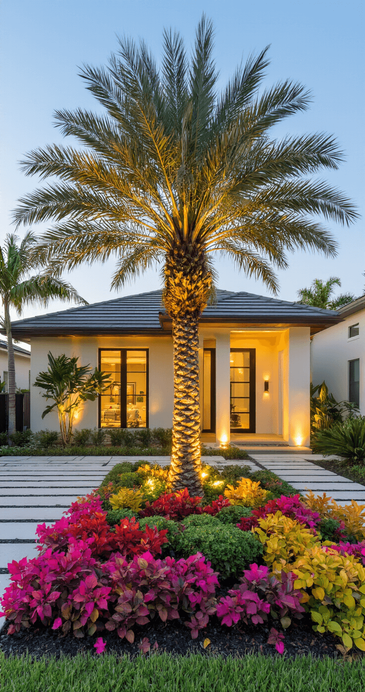 A beautifully landscaped South Florida front yard featuring a statement foxtail palm surrounded by vibrant crotons and bougainvillea, enhanced by warm golden hour lighting and pristine Mexican beach pebble mulch, with contemporary home facade and professional landscape lighting illuminating the scene.
