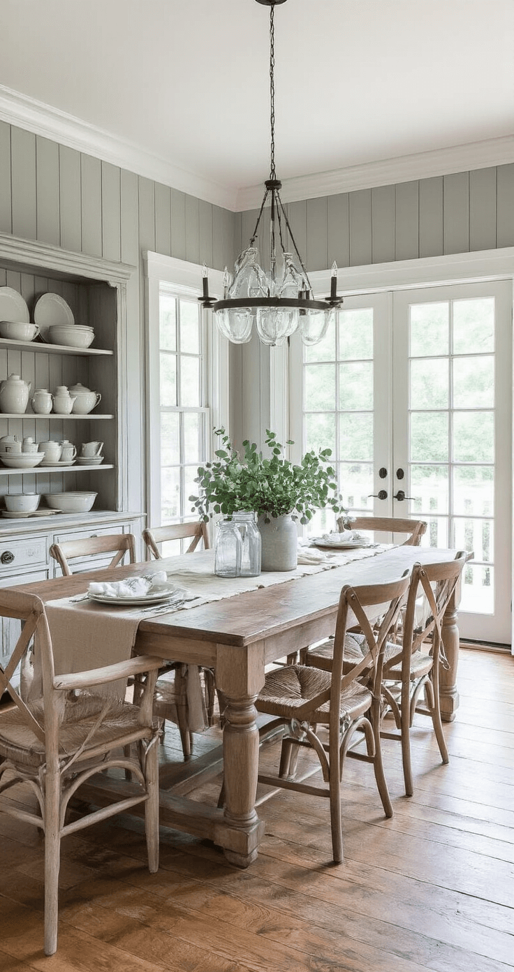 Elegant farmhouse dining room featuring grey wood paneling wainscoting, a large farmhouse table with mismatched vintage chairs, a burlap table runner, and a mason jar chandelier, illuminated by afternoon sunlight from French doors. White shiplap walls, a vintage hutch displaying ironstone dishes, and a fresh eucalyptus centerpiece contribute to the inviting atmosphere.