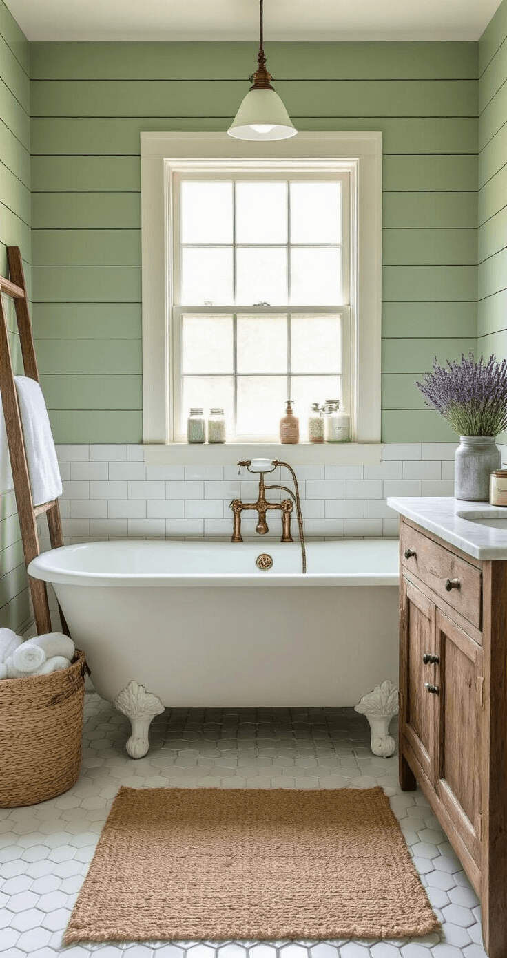 A serene farmhouse bathroom featuring sage green shiplap walls, a clawfoot tub with vintage brass fixtures, and a reclaimed wood vanity with a marble top, bathed in soft morning light.