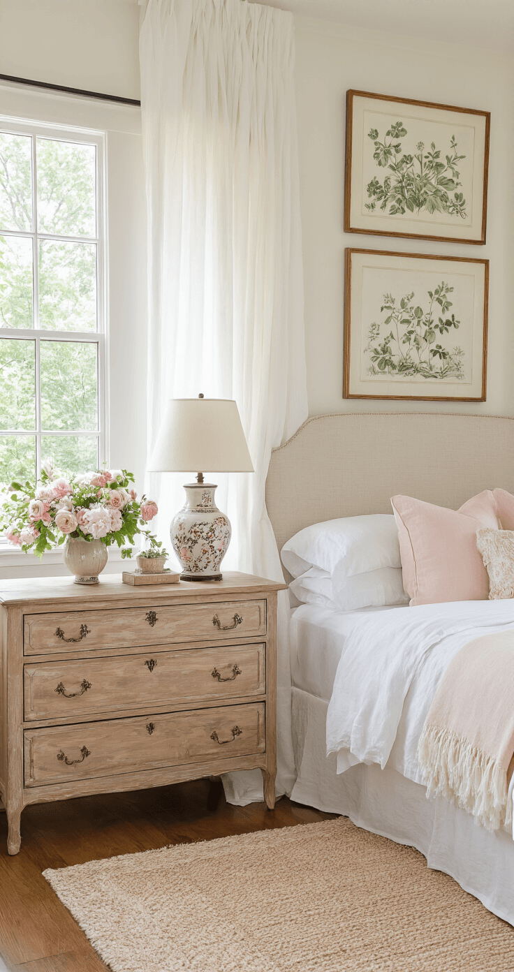 Luxurious master bedroom featuring a botanical gallery wall, linen upholstered headboard, white flowing curtains, and an antique wooden dresser with fresh flowers, set in a cream and pink color palette with a natural fiber rug, vintage garden prints, and ceramic table lamps, all illuminated by soft morning light through multiple windows.