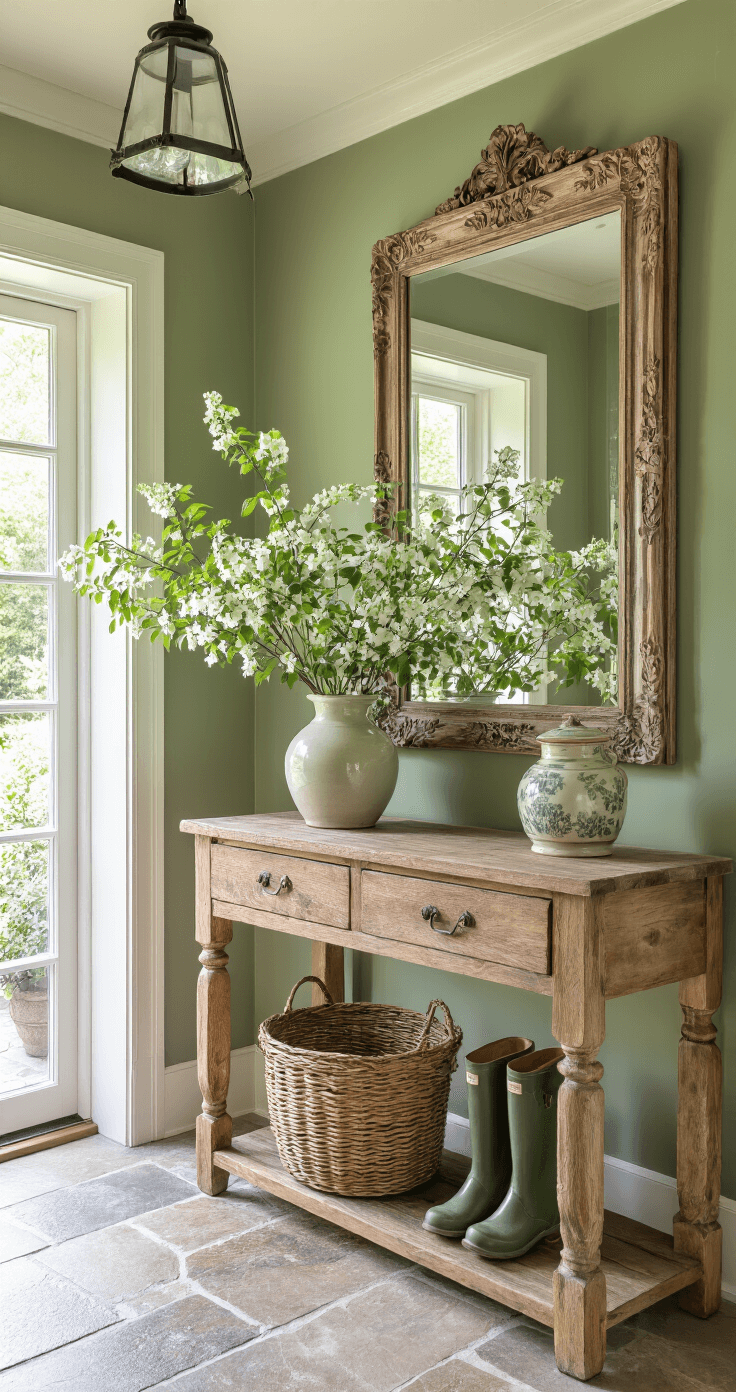 A charming garden cottage entryway with a rustic wooden console table, an ornate framed mirror, a ceramic umbrella stand, and fresh Weigela branches in a tall vase, complemented by vintage garden boots and woven basket storage, all against a sage green accent wall and natural stone flooring, illuminated by afternoon light from sidelight windows.