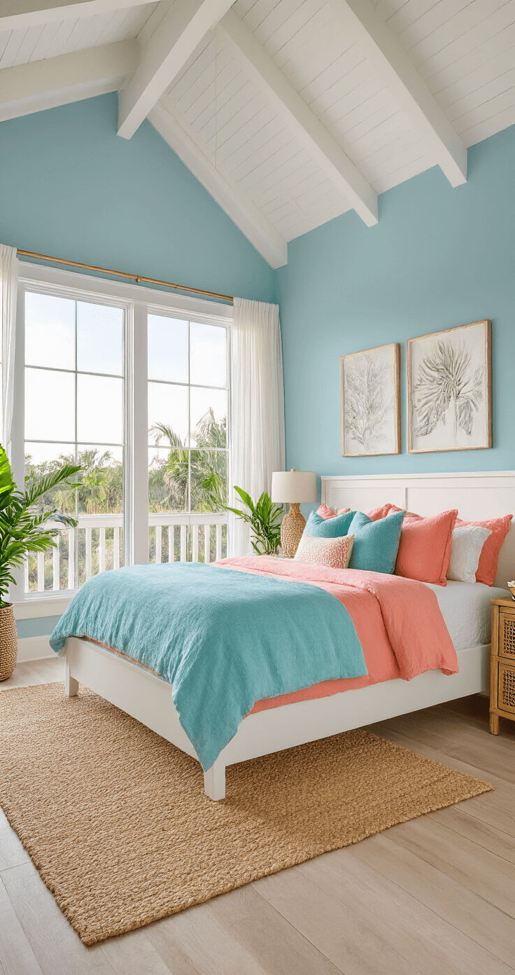 Elegant Florida master bedroom featuring wrap-around windows, soft blue accent wall, white platform bed with coral and teal bedding, natural jute rug, rattan nightstands, tropical plants, sheer white curtains, coastal wall art, vaulted ceiling with exposed white beams, and warm golden sunset lighting.