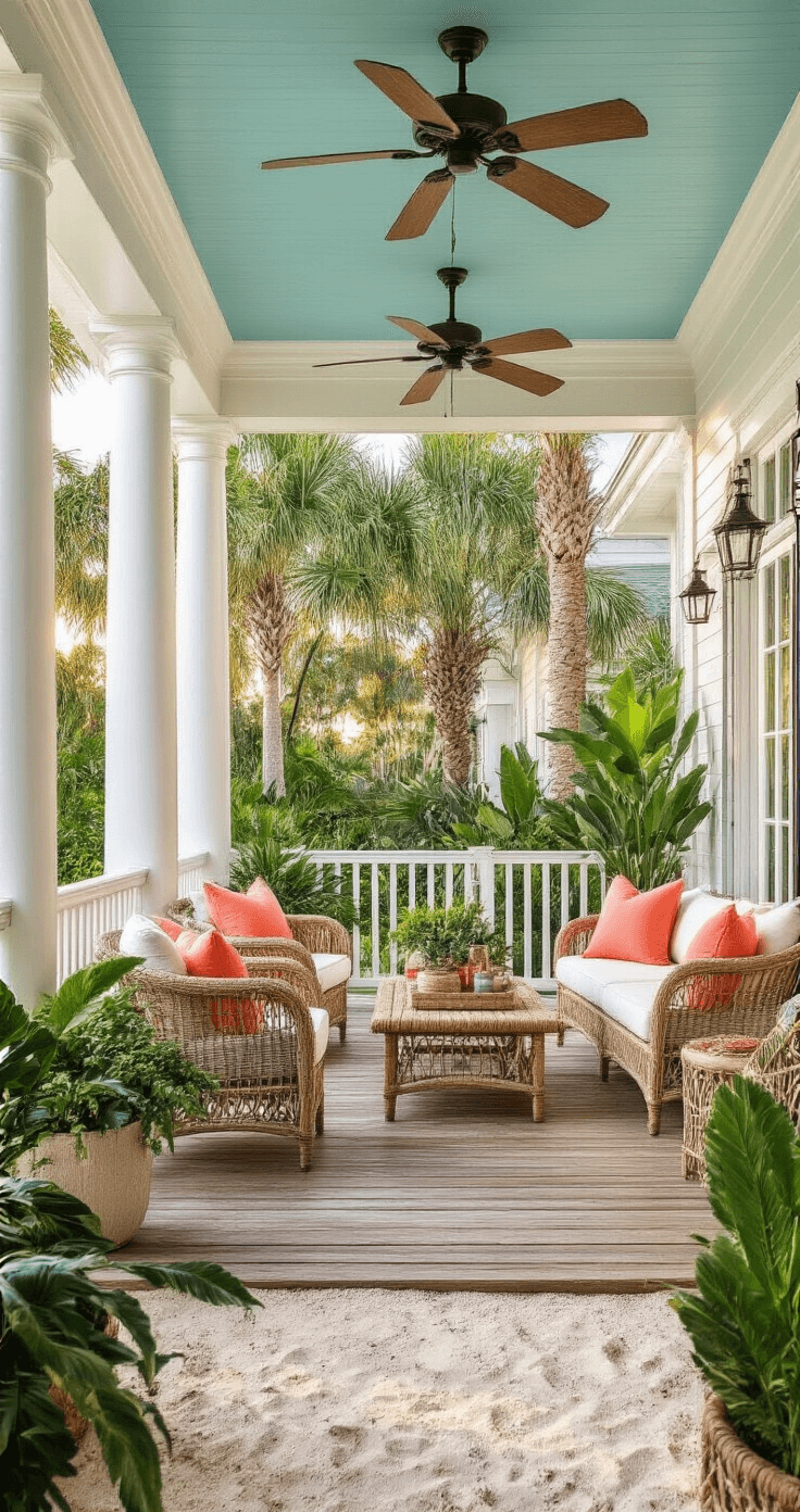 A stunning Florida wrap-around porch featuring white columns, natural wood decking, and rattan outdoor furniture with coral cushions, surrounded by tropical plants in large planters. The scene is enhanced by ceiling fans, string lighting, and an ocean blue painted ceiling, with white railings and a sandy pathway leading to the entrance. Palm trees frame the background in warm golden hour lighting, creating a relaxed coastal vibe.