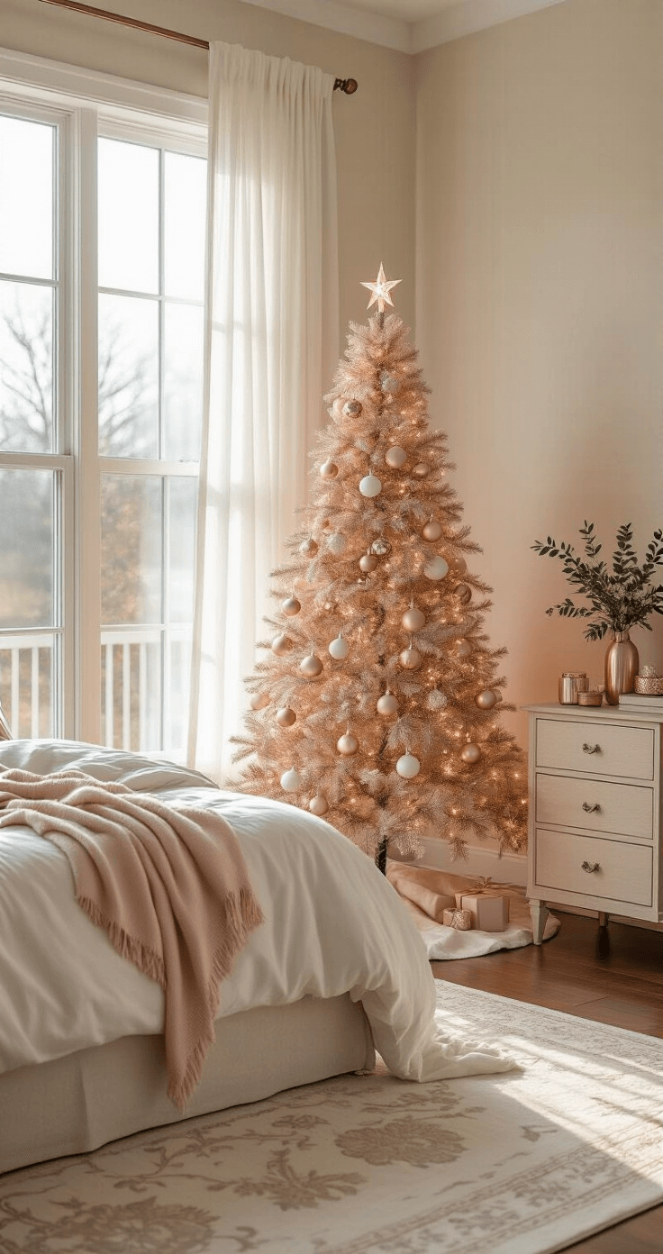 Intimate bedroom scene with a glowing rose gold Christmas tree by a large window, featuring sheer curtains, a plush king-sized bed, and coordinating rose gold decor, all softly illuminated by morning light.