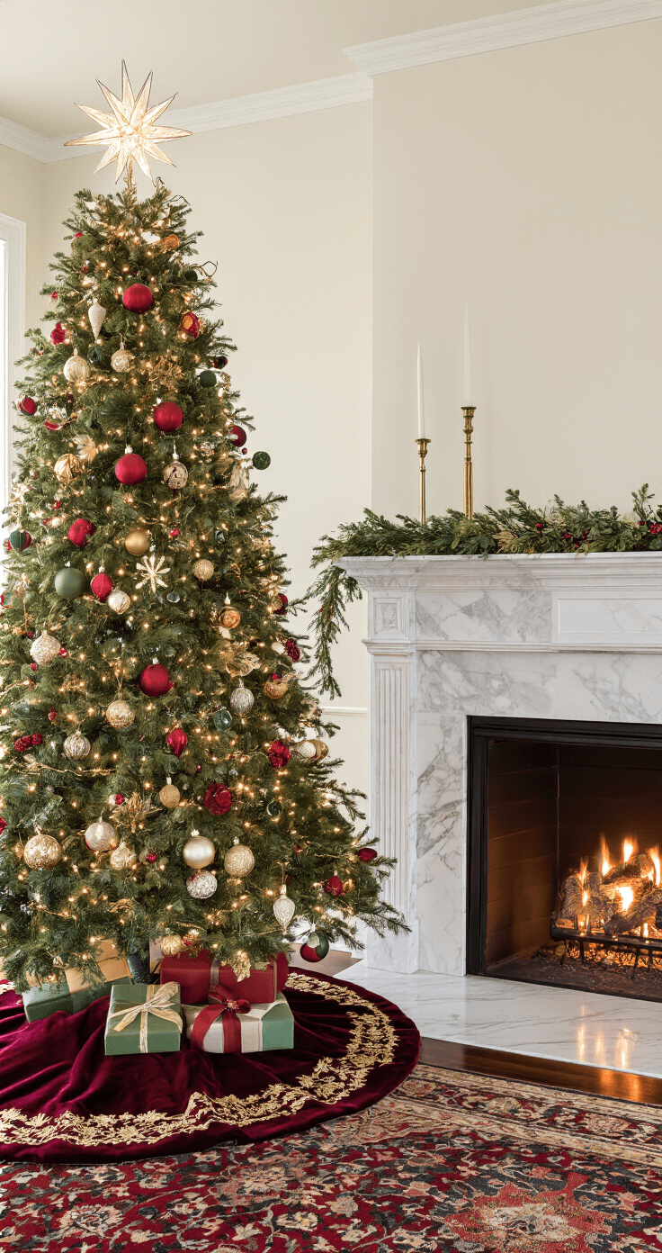 Elegant living room corner featuring a beautifully decorated Christmas tree beside a marble fireplace, with warm lighting creating a cozy ambiance.