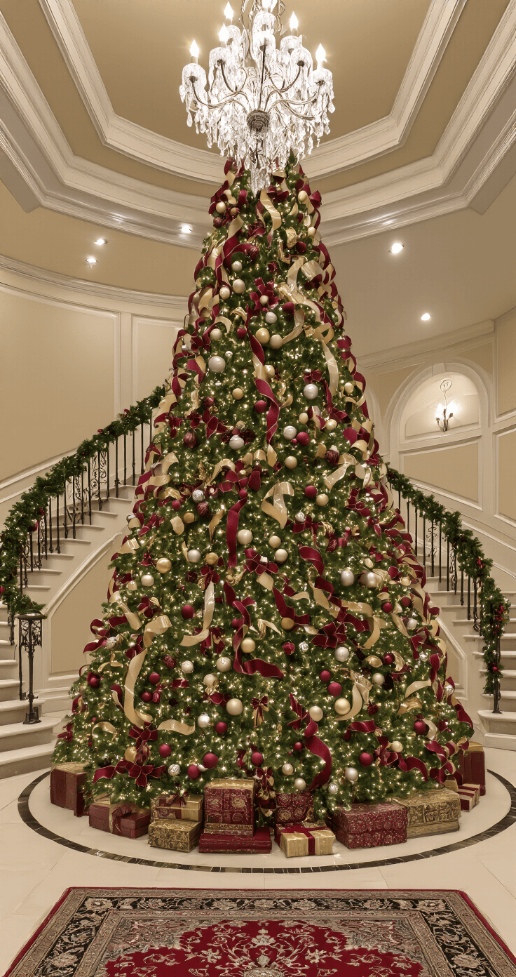 A grand foyer adorned with a 12-foot decorated Christmas tree, featuring jewel-toned ornaments and cascading ribbons, illuminated by a crystal chandelier and uplights, with a marble floor and a curved staircase wrapped in garland.