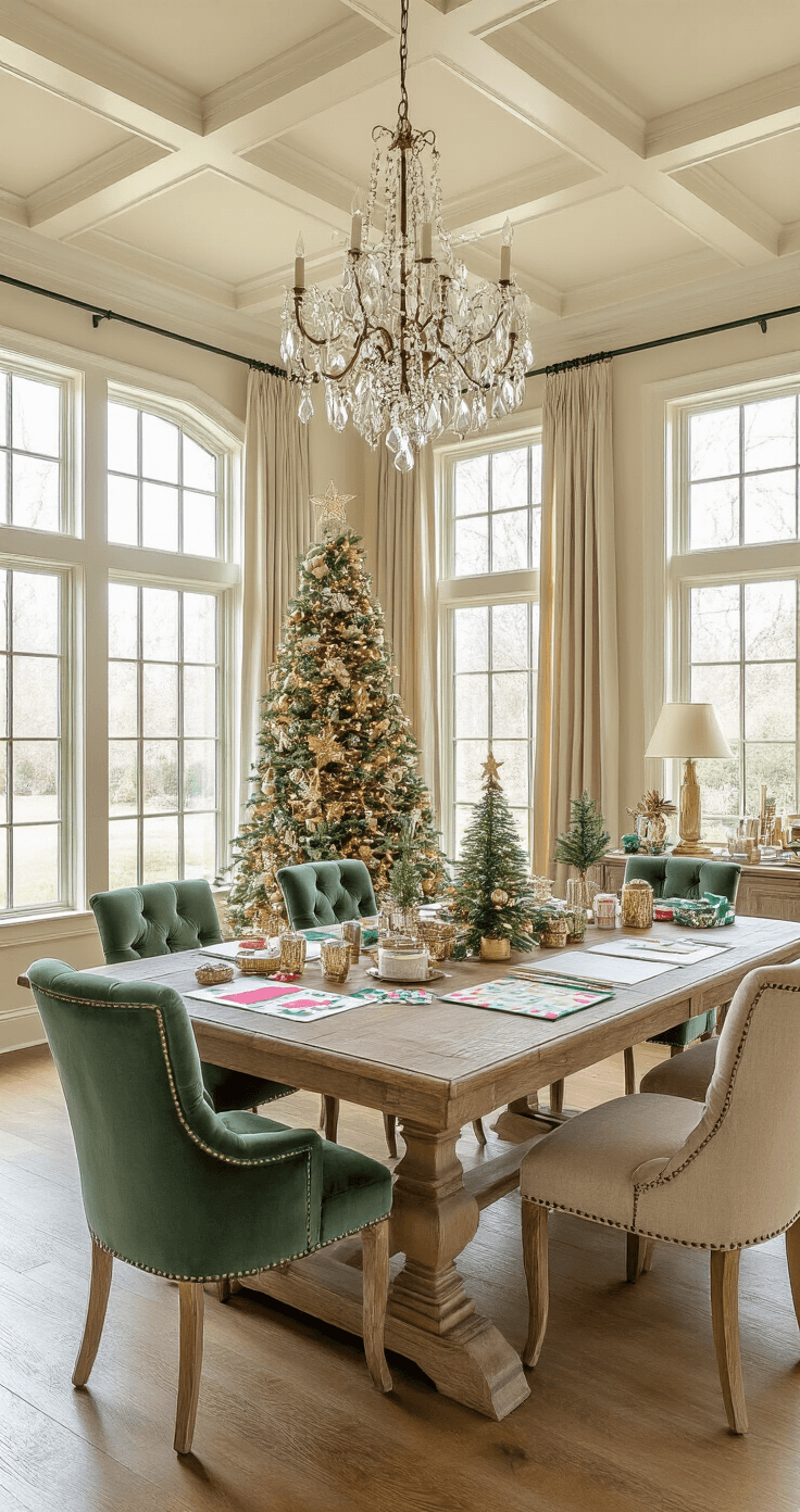 Elegant dining room transformed into a holiday crafting space, featuring a large farmhouse table covered with craft supplies, surrounded by sage green velvet chairs. The room showcases coffered ceilings and crown molding in warm ivory, with soft ambient light from a crystal chandelier and task lamps, and bay windows allowing natural light, in a color palette of deep emerald, gold, and cream.