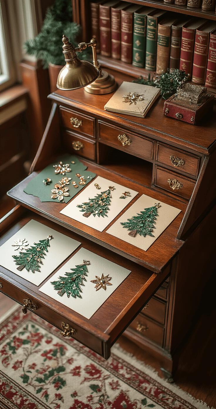 Close-up of a vintage mahogany secretary desk transformed into a festive Christmas card-making station, featuring completed holiday cards adorned with layered Christmas tree cutouts and embellishments, illuminated by a brass desk lamp, with rich jewel tones and textures in the background.