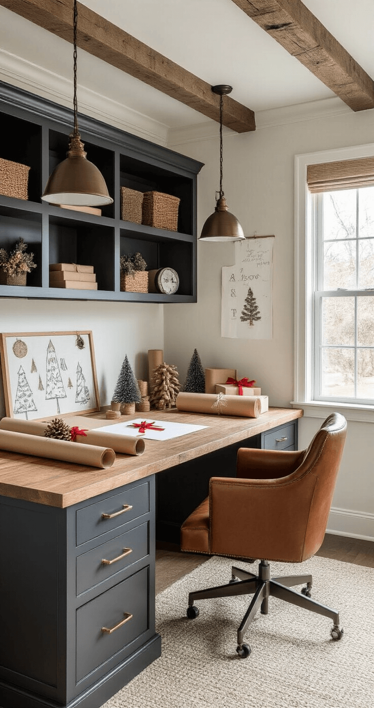 Sophisticated home office and gift-wrapping station featuring a reclaimed wood desk, charcoal gray built-in shelves, and industrial pendant lights. Christmas tree templates on kraft paper rolls add a festive touch, accented by a cognac brown leather chair. The space blends natural wood tones, deep grays, and metallic copper elements, with a warm, productive atmosphere illuminated by mixed lighting.