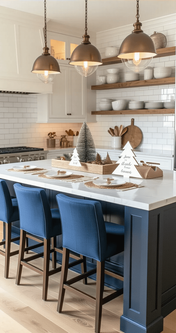 An elegant kitchen island transformed into a crafting station for place cards, featuring Christmas tree template cutouts, calligraphy names, and illuminated by bronze pendant lights. The spacious kitchen, with white marble countertops, subway tile backsplash, and navy blue bar stools, showcases a color palette of crisp whites, warm metallics, and deep navy, capturing a warm evening atmosphere.