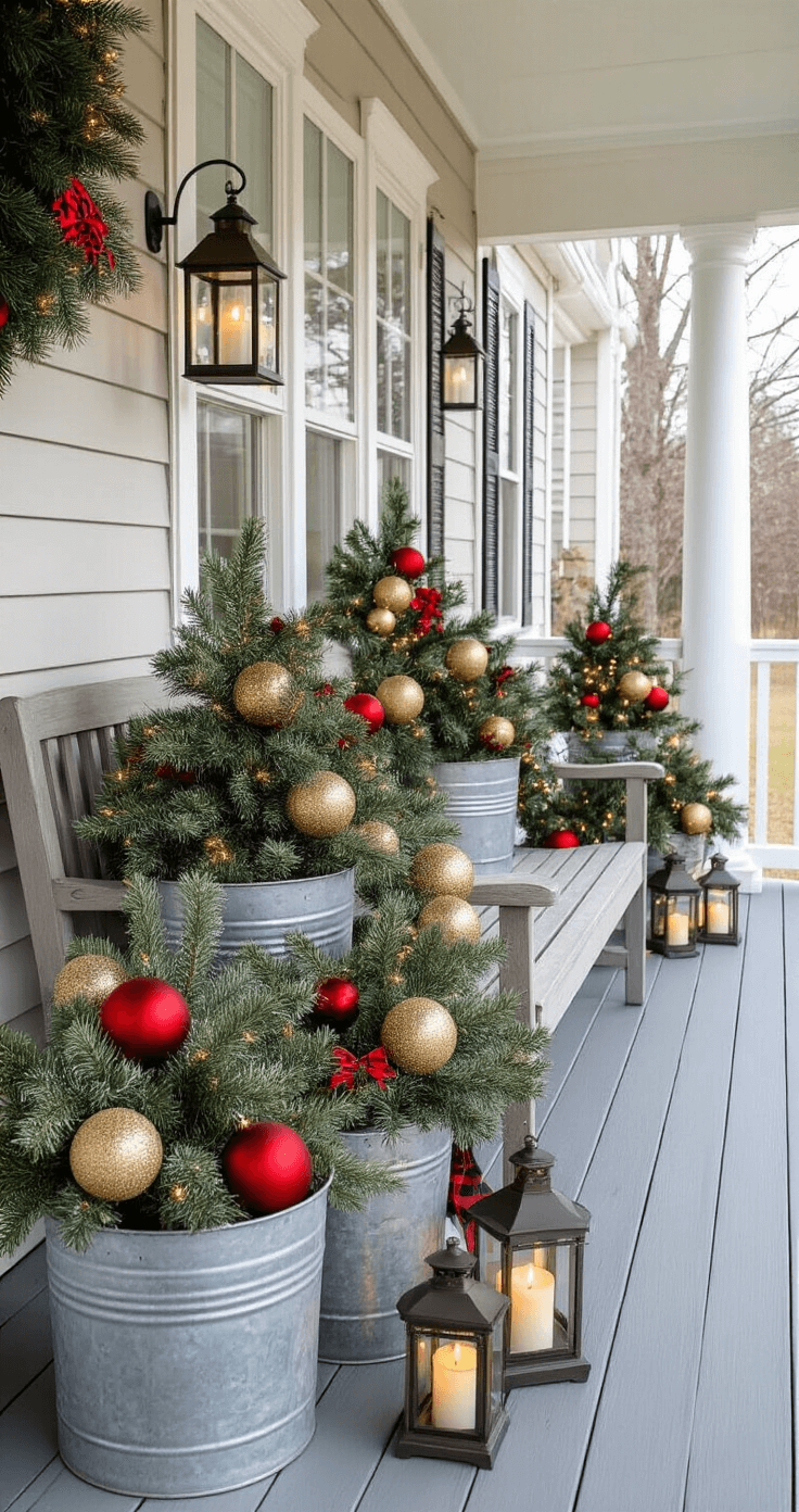 Charming front porch decorated for the holidays with Dollar Tree decor, featuring a wooden bench with layered evergreen arrangements, galvanized metal containers, vintage lantern lights, tinsel garland, and rustic ribbon accents, all bathed in soft winter light.