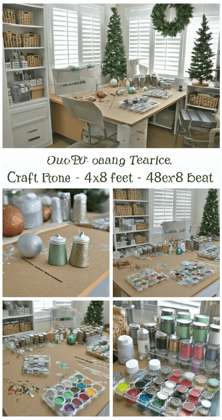 A cozy DIY crafting workspace featuring a large work table, built-in shelving, and bright daylight. The table displays various Dollar Tree Christmas decor transformations, including plain ornaments being upgraded with spray paint, glitter, and hot glue. Organized supply stations hold different paint colors and glitters, with before and after examples of decor. The color palette highlights sage green and metallics, showcasing the creative process and potential of budget-friendly holiday crafts.