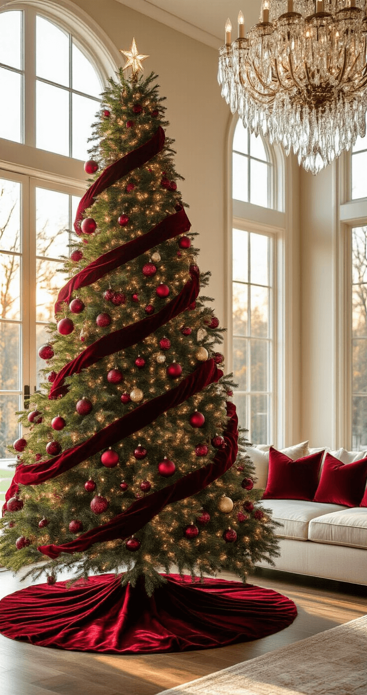 A luxurious living room bathed in golden hour light features a 12-foot Noble Fir Christmas tree adorned with ruby red ornaments and burgundy velvet ribbon, nestled on a plush crimson tree skirt. The cream sectional sofa with red throw pillows contrasts elegantly against the hardwood floors, while a crystal chandelier adds ambient lighting. Rich textures and a color palette of deep red, gold, and ivory enhance the festive atmosphere.