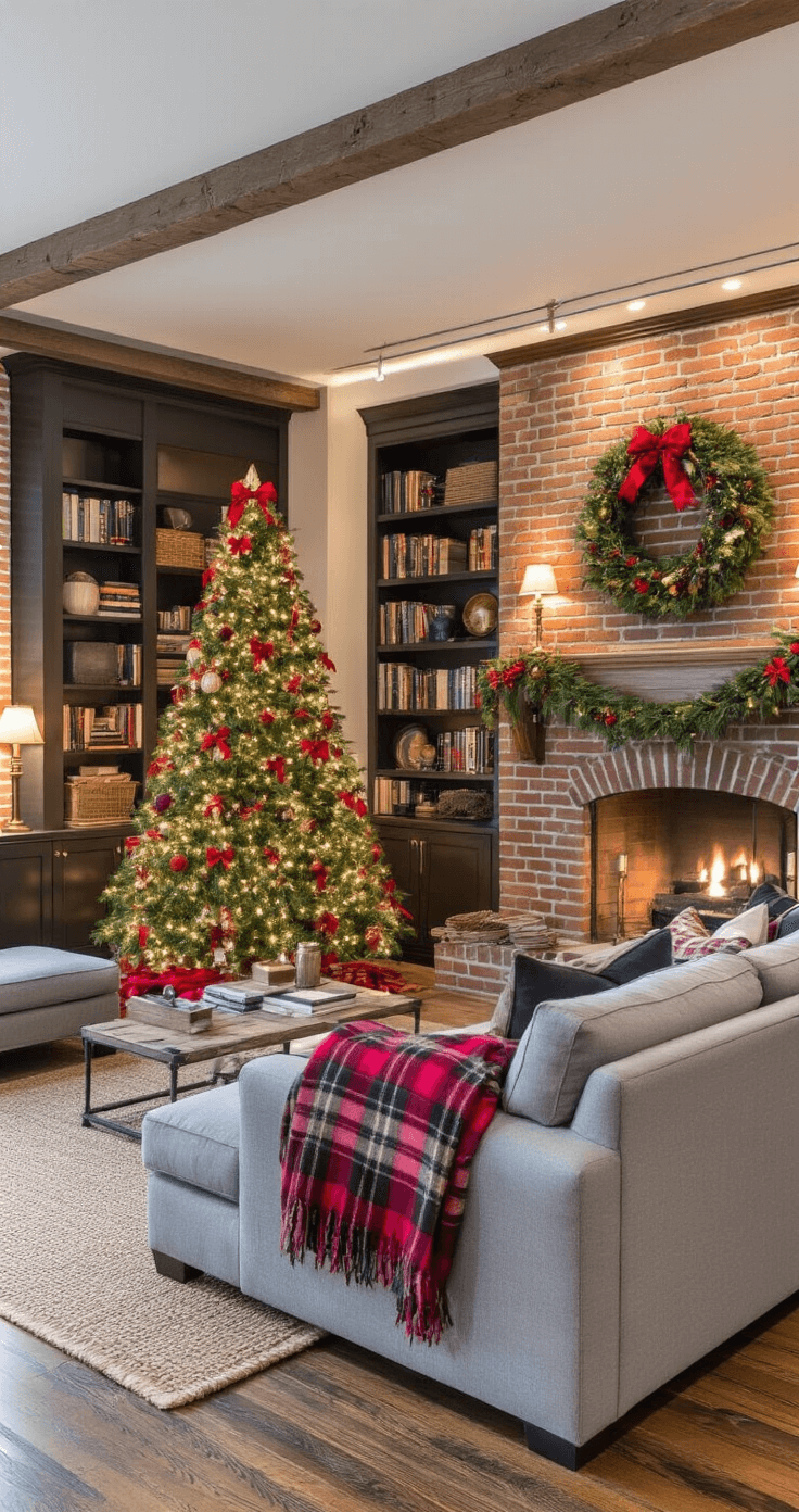Cozy family room with exposed brick wall, soft gray sectional sofa facing a fireplace, a decorated Christmas tree between built-in bookcases, and warm ambient lighting creating a twilight atmosphere.