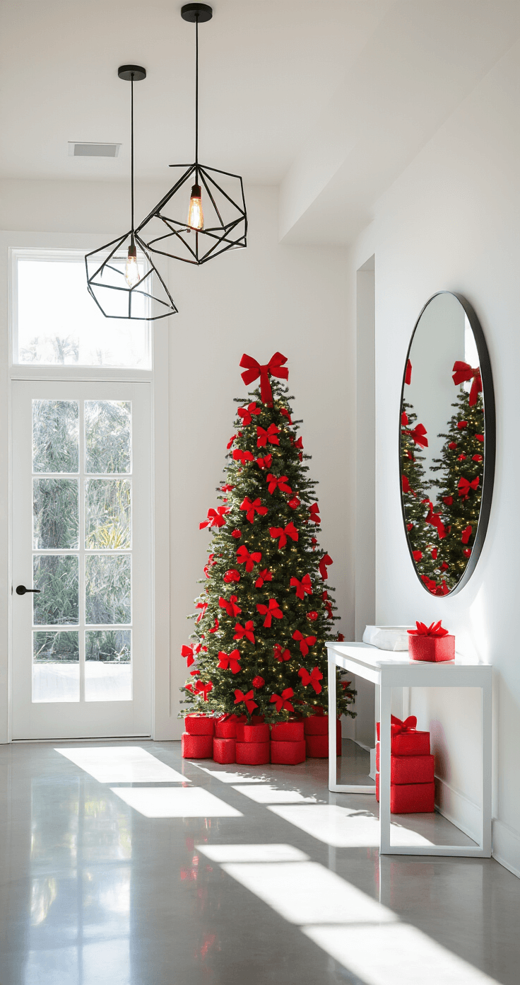 Modern minimalist entryway featuring a 15-foot ceiling with geometric pendant lighting, a white lacquer console table, and a round mirror above. A compact Christmas tree with red grosgrain bows stands beside a staircase, while polished concrete floors reflect the festive lights. Bright natural light streams through glass door panels, complementing the clean white walls adorned with vibrant crimson ribbon textures.