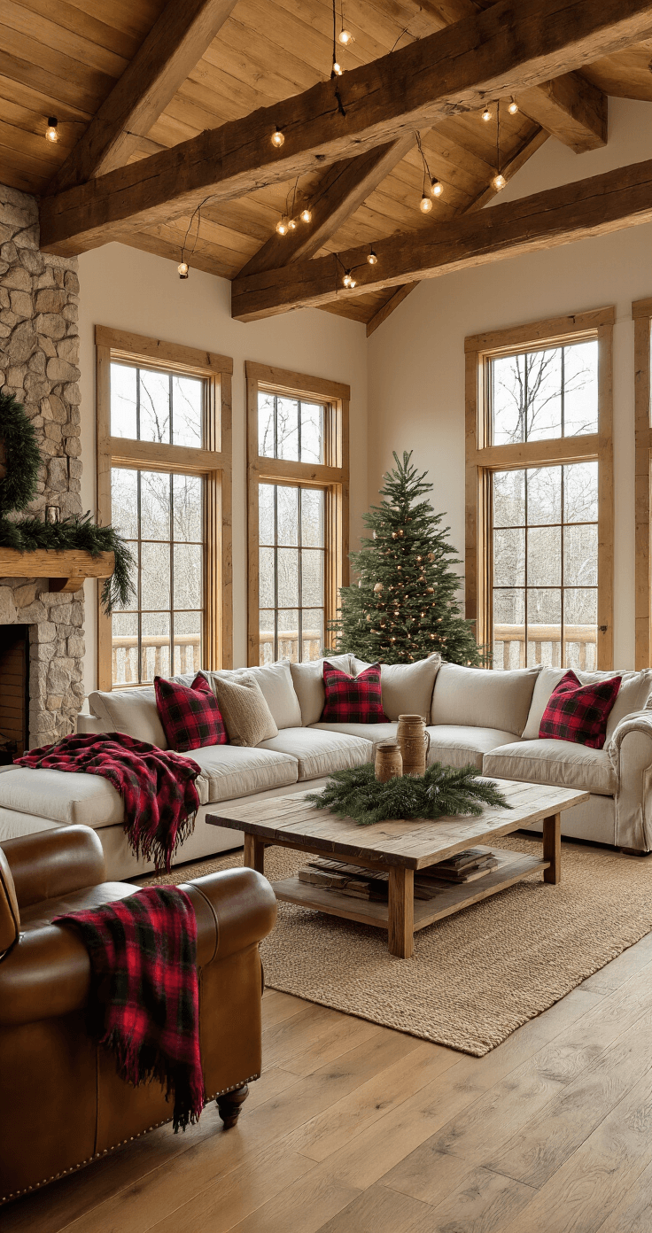 Wide-angle view of a rustic living room featuring exposed wooden beams, a stone fireplace, large windows allowing golden hour light, a cream sectional sofa with red plaid throws, a vintage leather armchair, and a reclaimed wood coffee table with a pine garland. The warm honey oak floors and neutral walls with accents of evergreen and burgundy create a cozy atmosphere, complemented by a natural Christmas tree with a burlap skirt and mason jar string lights overhead, highlighting layered textures of wool, leather, and natural fibers.