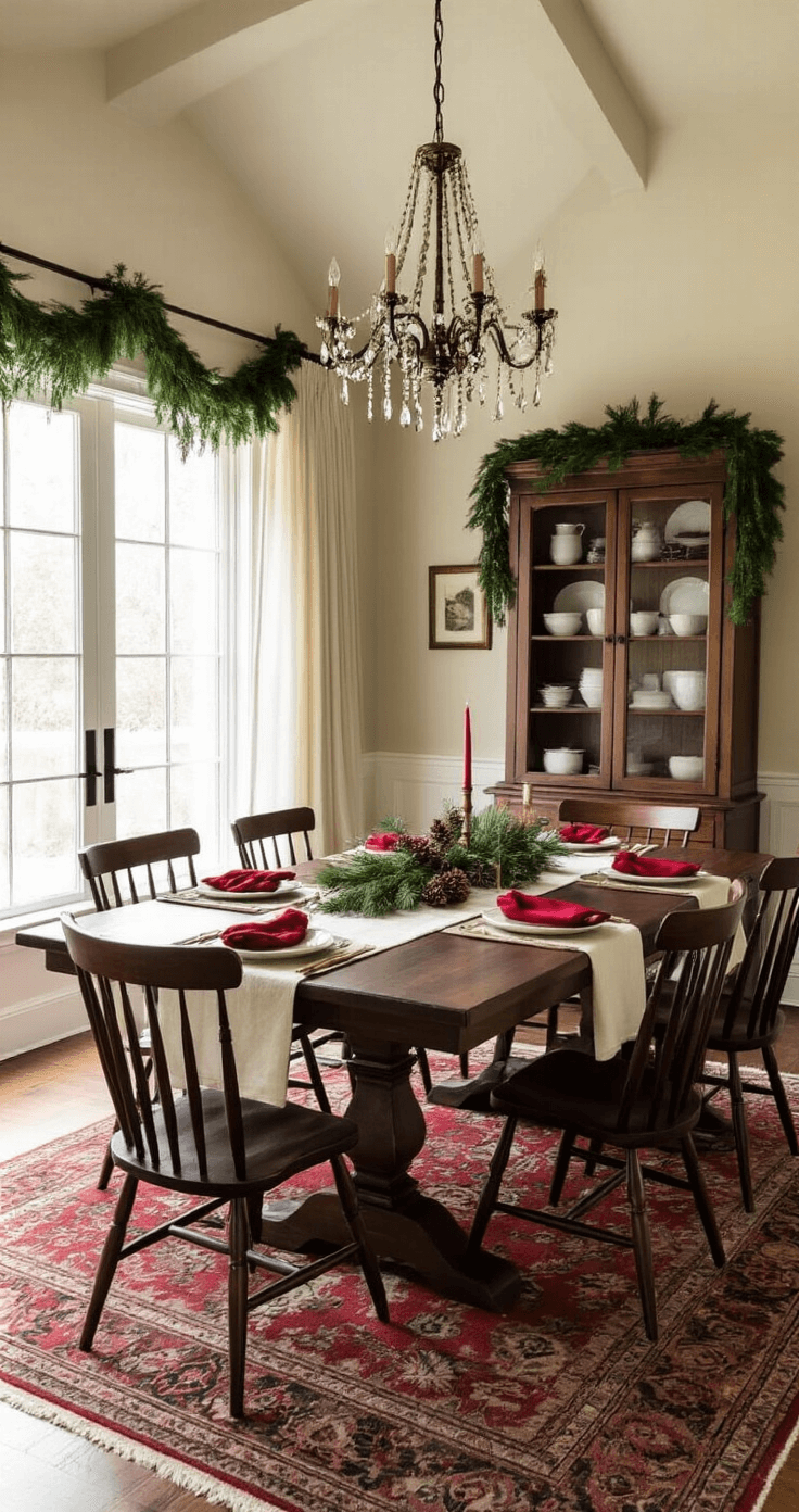 Elegant dining room in soft afternoon light, featuring a vaulted ceiling, chandelier, and a dark walnut farmhouse table set for eight with cream linens, red napkins, and evergreen decor. Windsor chairs, a hutch with white ceramics, and a vintage Persian rug complete the warm, inviting atmosphere.